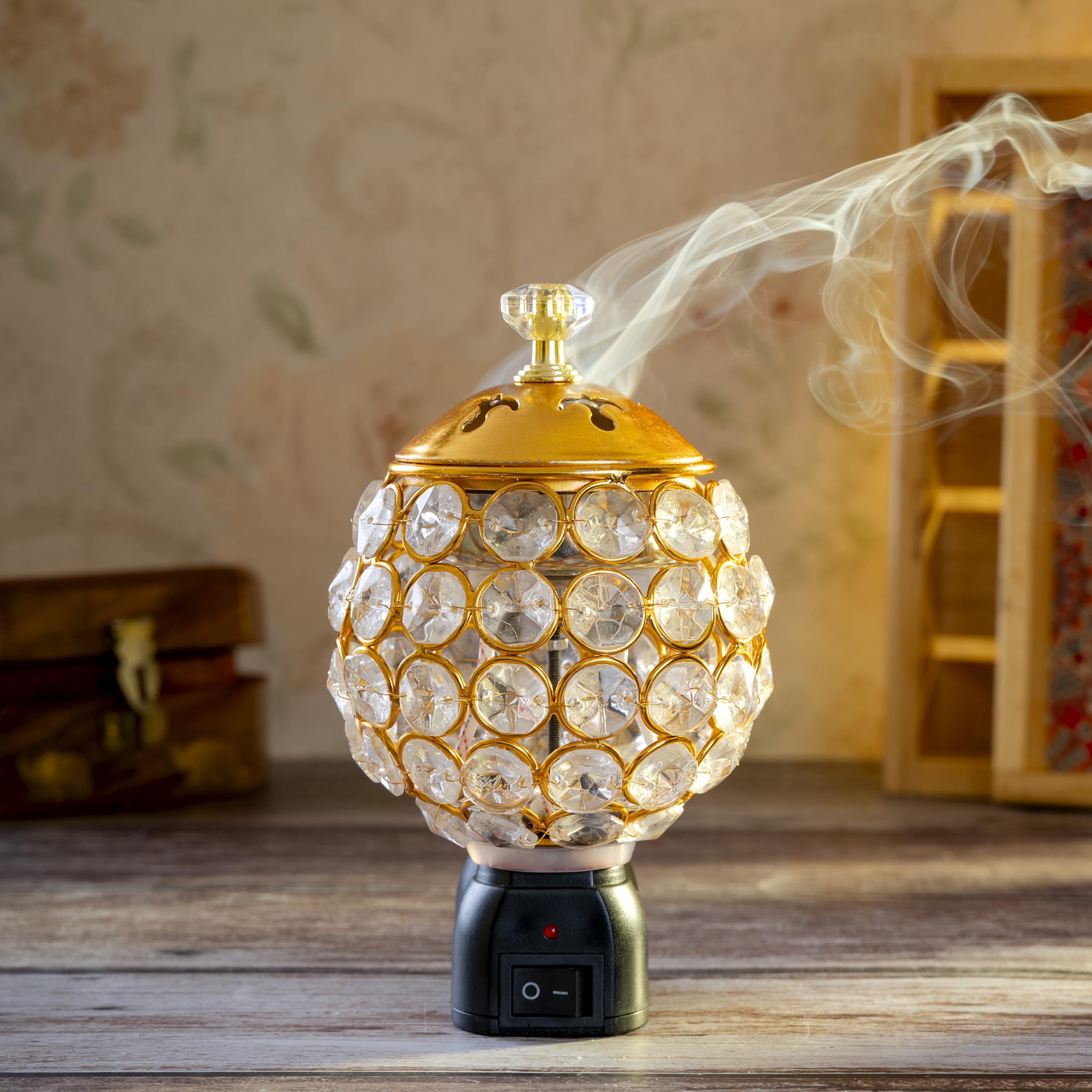 Prathna® Elegant Crystal Electric Kapoor Dani/Camphor Burner – Golden Diamond Design Aroma Diffuser for Home, Temple & Office 1