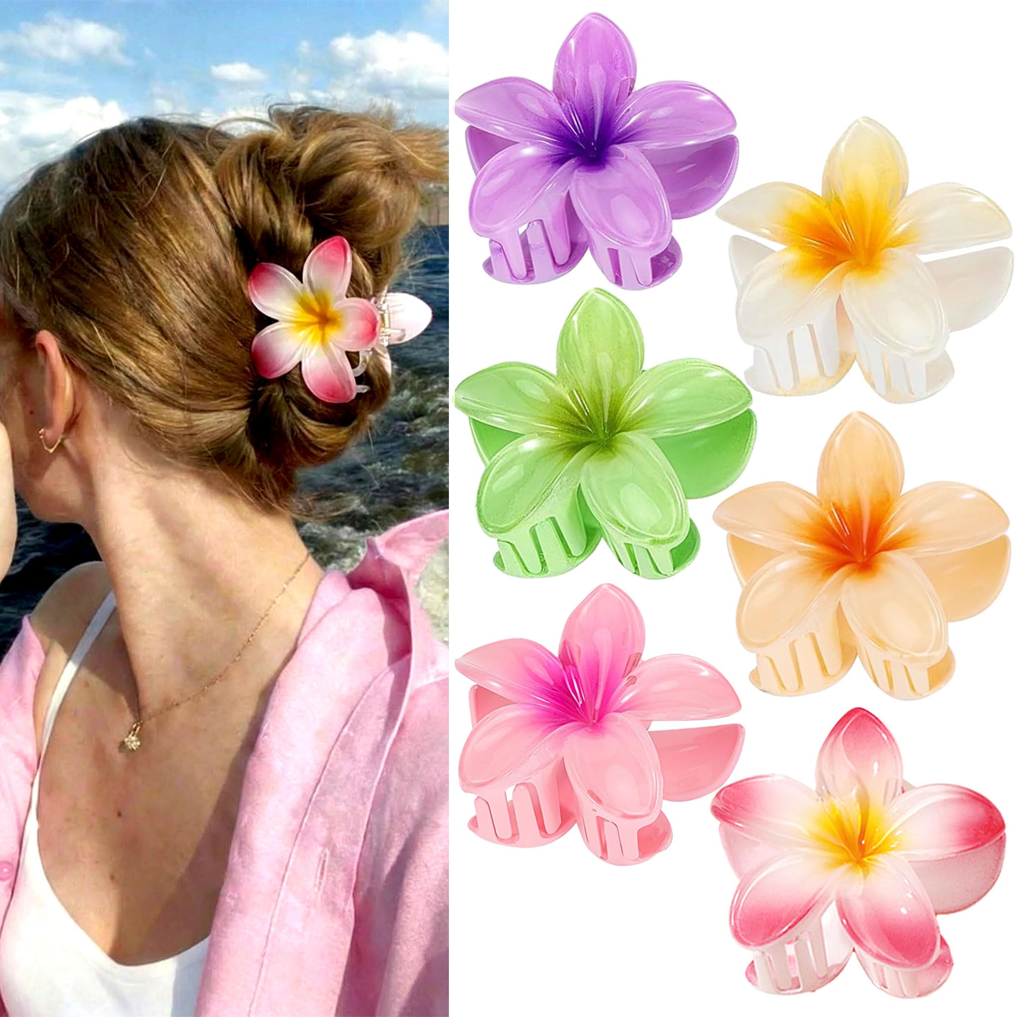 6 fermagli per capelli colorati a forma di fiore, 8 cm, grandi clip per donne, vacanze al mare, accessori per capelli per donne e ragazze (AB fiori colorati, 6 pezzi)