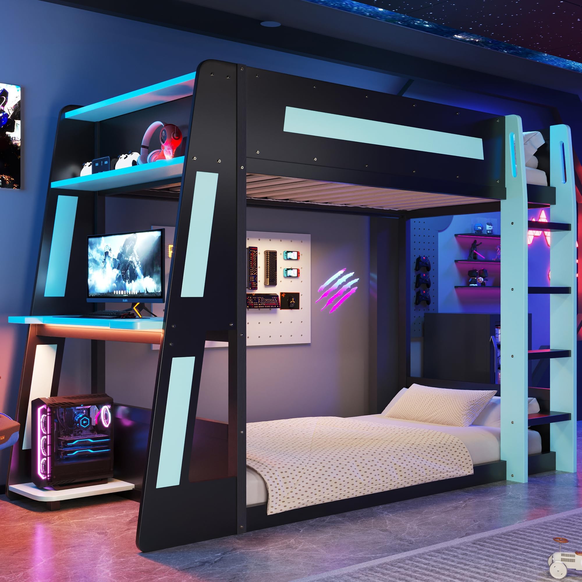 Wood Gaming Loft/Bunk Bed Twin Size with Desk and Storage Shelves, Convertible Design Loft/Bunk Bed Frame with USB and LED Light for Kids Teens, Space Saving (Black-Blue W, Twin)