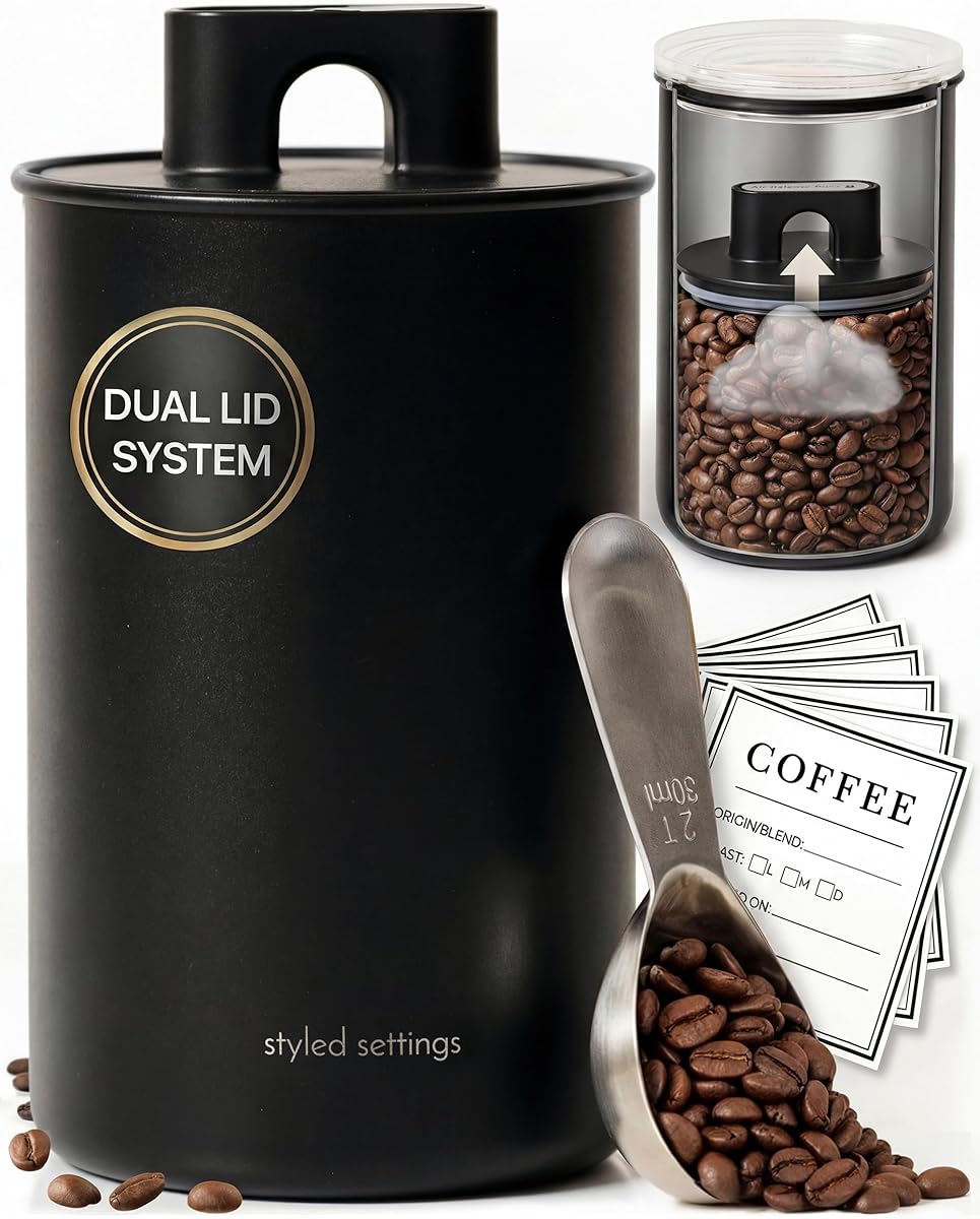 STYLED SETTINGS Coffee Storage Container - Airtight Vacuum Coffee Canister with Scoop and Label - Matte Black Canister Holds 1lb Beans or Grounds, Dual-Lid Freshness System - Perfect for Gifting