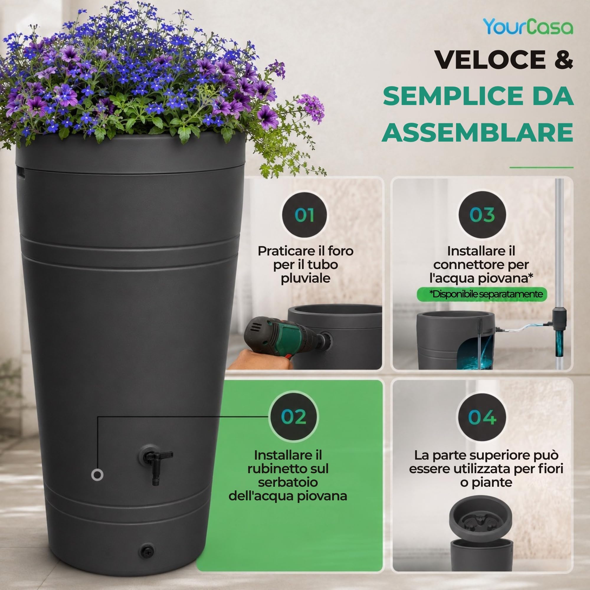 Yourcasa Serbatoio Acqua 230 litri [design Decore] in plastica resistente al gelo – Cisterna acqua con rubinetto e coperchio – Serbatoio acqua piovana giardino - raccolta acqua piovana (terracotta)