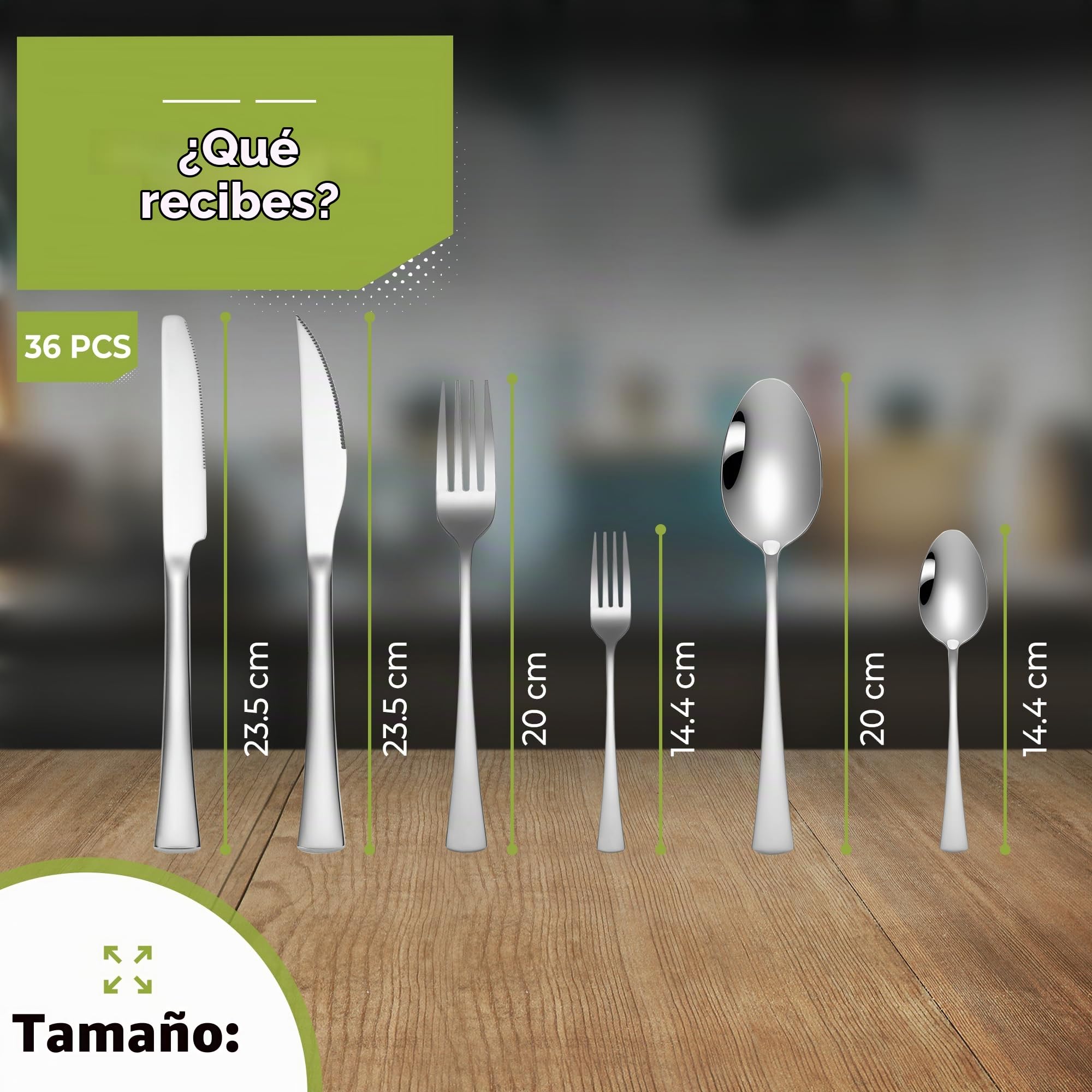 HI NATURE™ Juego de cubertería para 6 personas, 36 piezas, con cuchillo de carne, acero inoxidable 18/0, acabado brillante, incluye cuchillo, tenedor, cuchara y tenedor para tartas, apto para