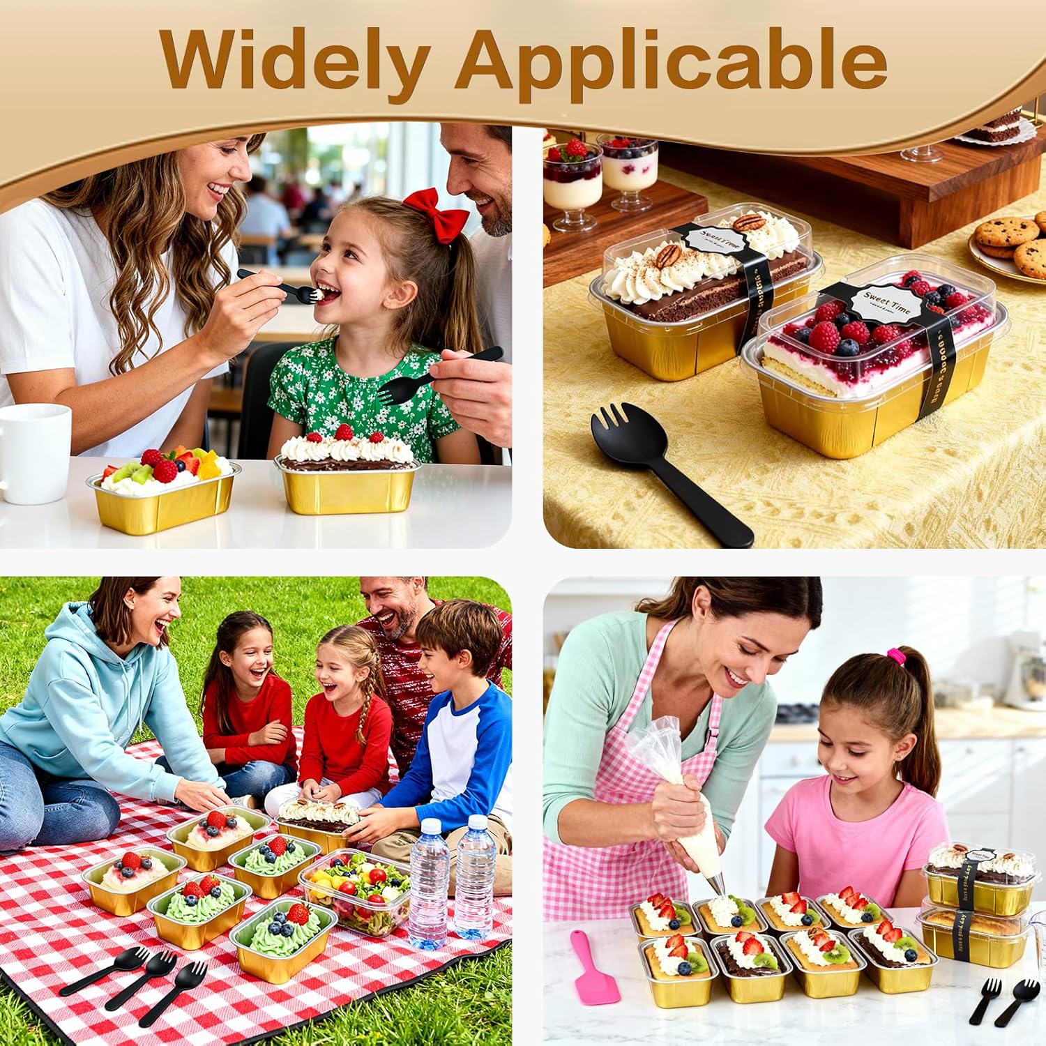 Mini Cake Pans With Lids And Spoons,5.5 oz Rectangle Mini individual Loaf Pans Disposable Aluminum Foil Small Baking Cups Tins (200, Gold)