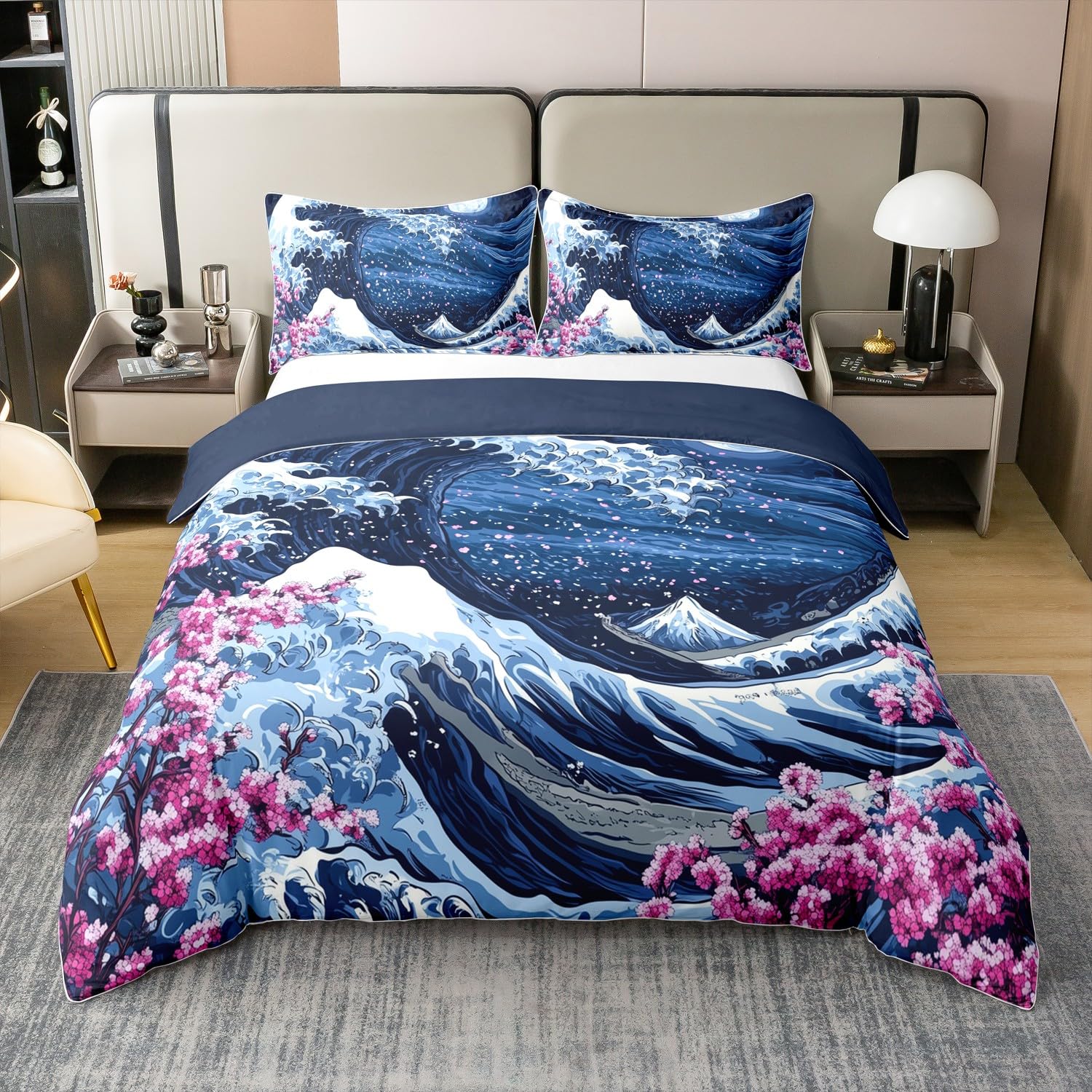 Manfei japanischer Stil Bettwäsche Set Meer Welle Ukiyoe Bettdecke Kirschblüte Ozean Decke Abdeckung Navy Weiß S Größe 100% Baumwolle, 1 Kissenbezug