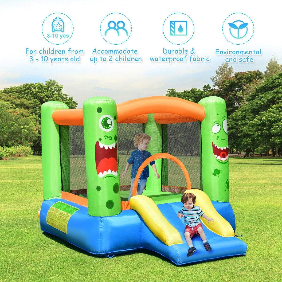 HONEY JOY Inflatable Bounce House, Blow up Moon Bounce for Kids w/Slide & Giant Bouncing Area, Oxford Carry Bag, Stakes, Indoor Outdoor Jumping Bouncy Castle for Backyard Playground (Without Blower)
