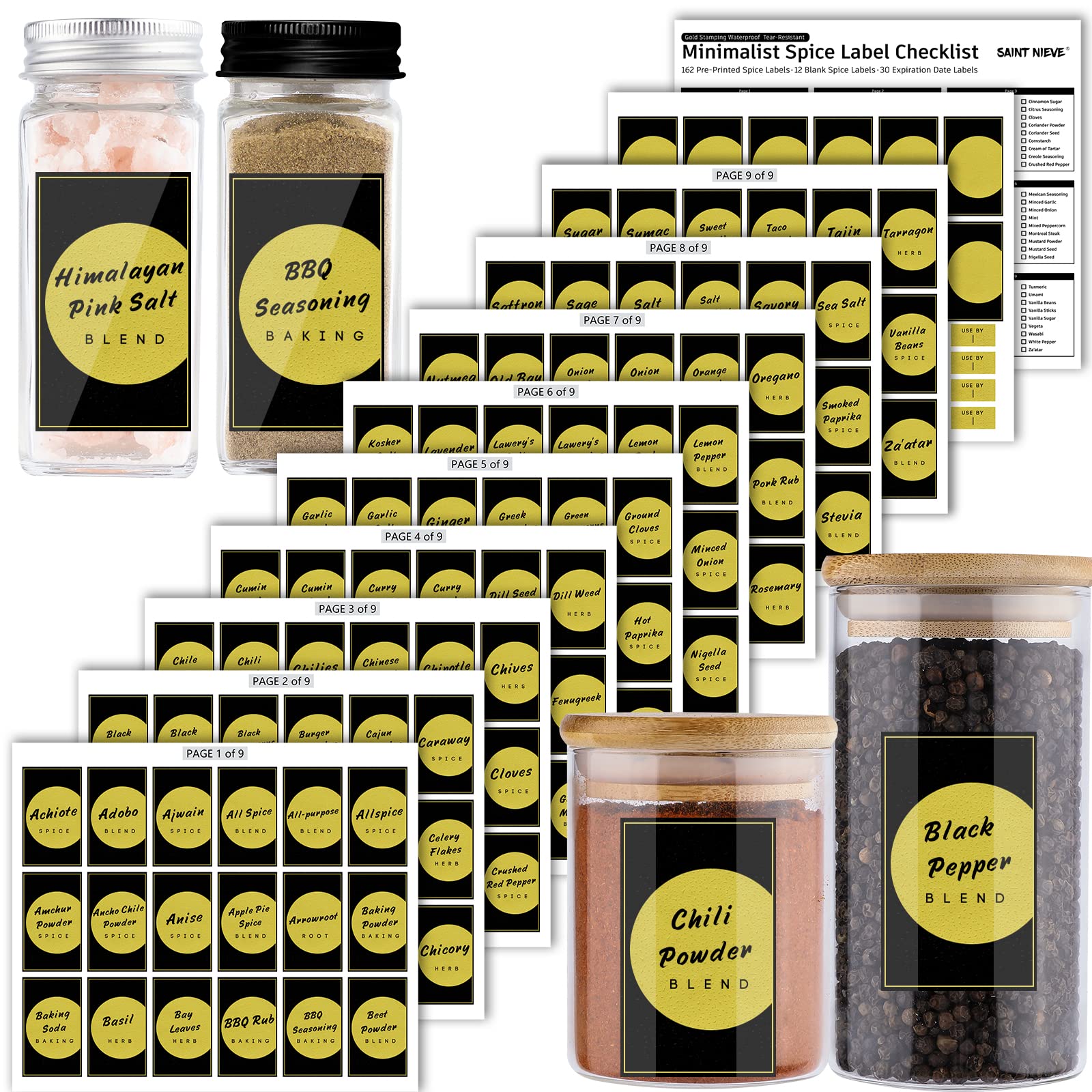 Photo 1 of 5 PACK Spice Labels Stickers Preprinted Waterproof, 204 Minimalist Spice Stickers, Saint Nieve Kitchen Spice Labels, Fit Seasoning Herb & Spice Jars or Pantry,Black Text on Golden Labels