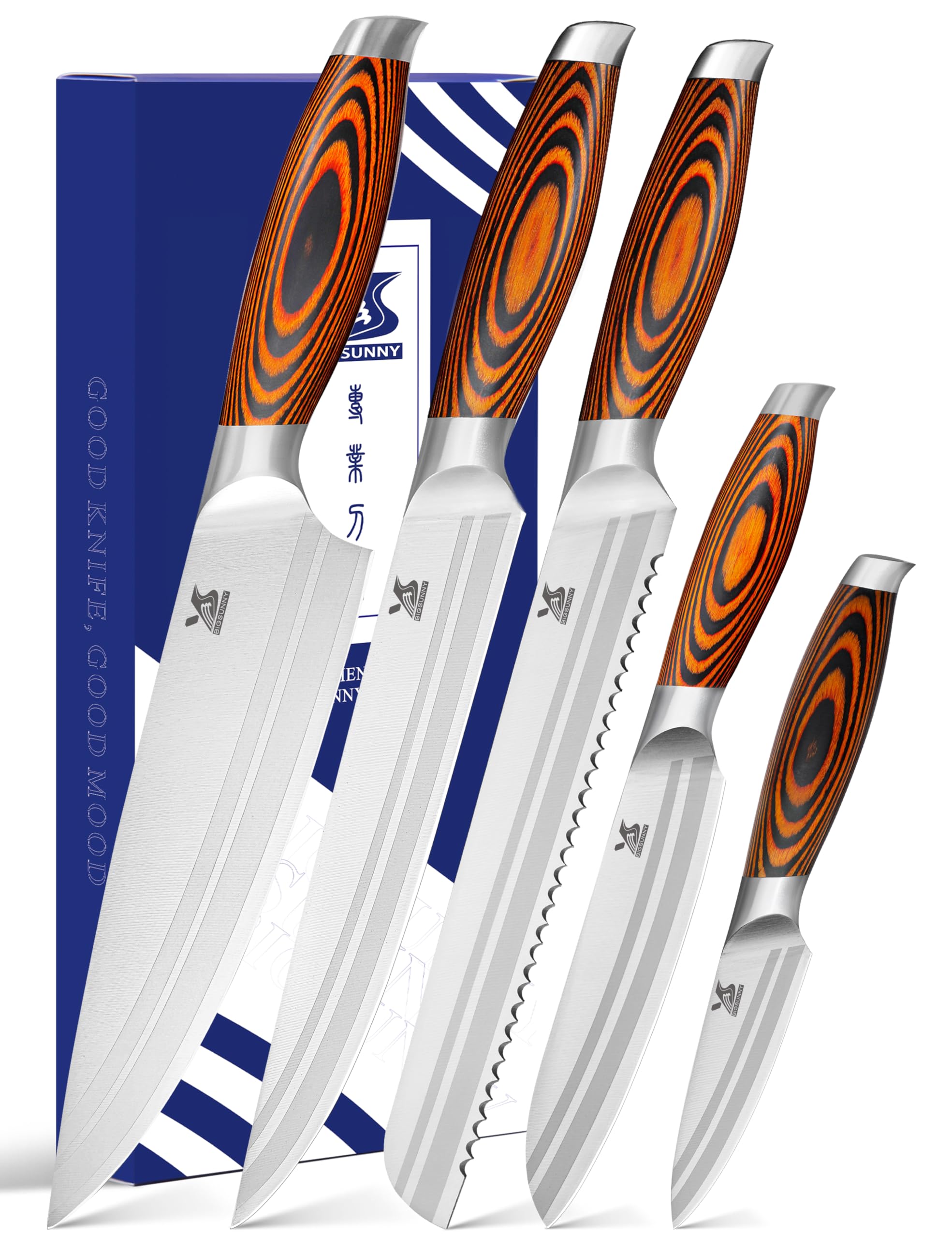 MSY BIGSUNNY 5pcs Knife Set Kitchen Utensils Knife, German Stainless Steel Professional Chef Kitchen Knife Set, Tang Series