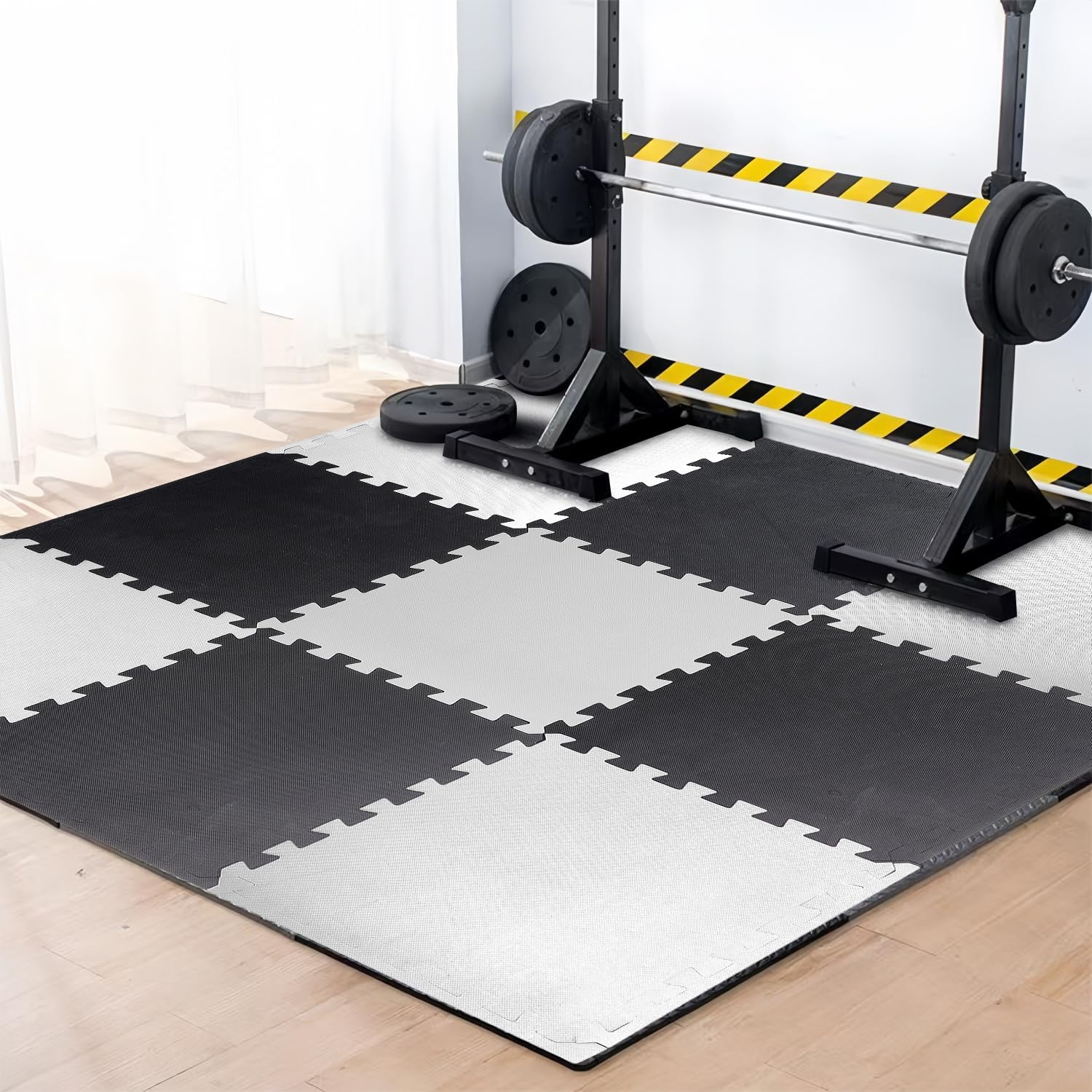 EASY HOME Gym Mats for Floor for Home and Living Room, Interlocking Rubber Floor Gym Mat for Workout at Home, Super Absorbent EVA Foam Workout Mat- 60x60cm - 12mm, Black & Grey (8 Tiles - 32Sqft)