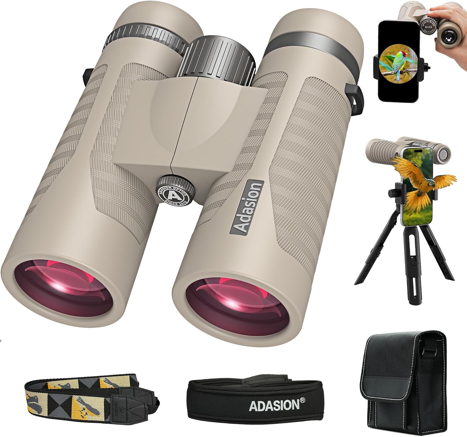 8x42 HD Binoculars for Adults High Powered with Phone Adapter and Tripod, Super Bright BAK4 Prism Waterproof Binoculars for Bird Watching Hunting Hiking Safari Travel Sports