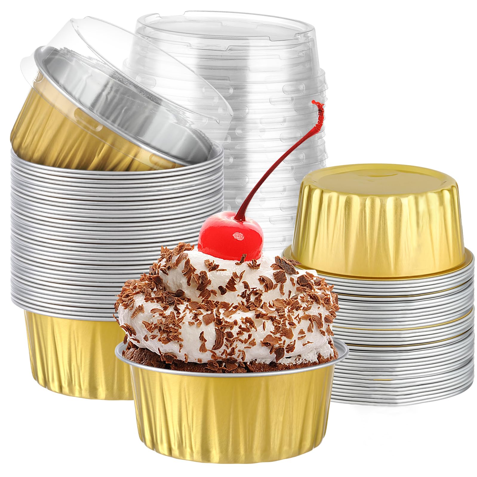 Cupcake-Behälter, goldfarben, Aluminium, 142 ml, Dessertbecher mit Deckel, Mini-Kuchenformen mit Deckel und Löffeln, für Geschenk, Urlaub, Geburtstag, Party, Kuchen, Backen,