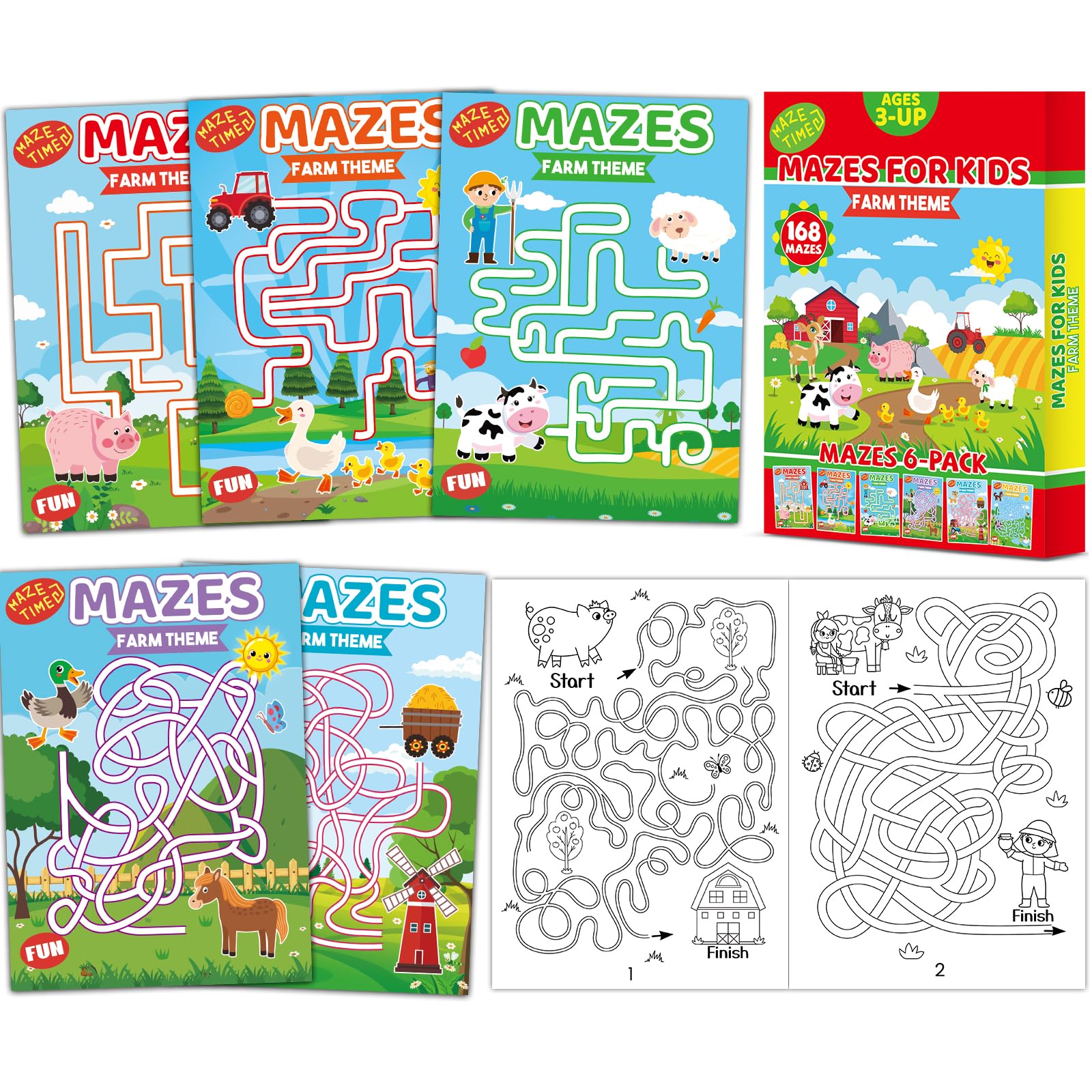 Wiooffen 168 Pages Farm Animals Maze Books for Kids Ages 3-8, 6-Pack- 6 Beginner Level Kids Activity Busy Books Farm Themes Activity Coloring Fun Games Birhday GITS Supplies