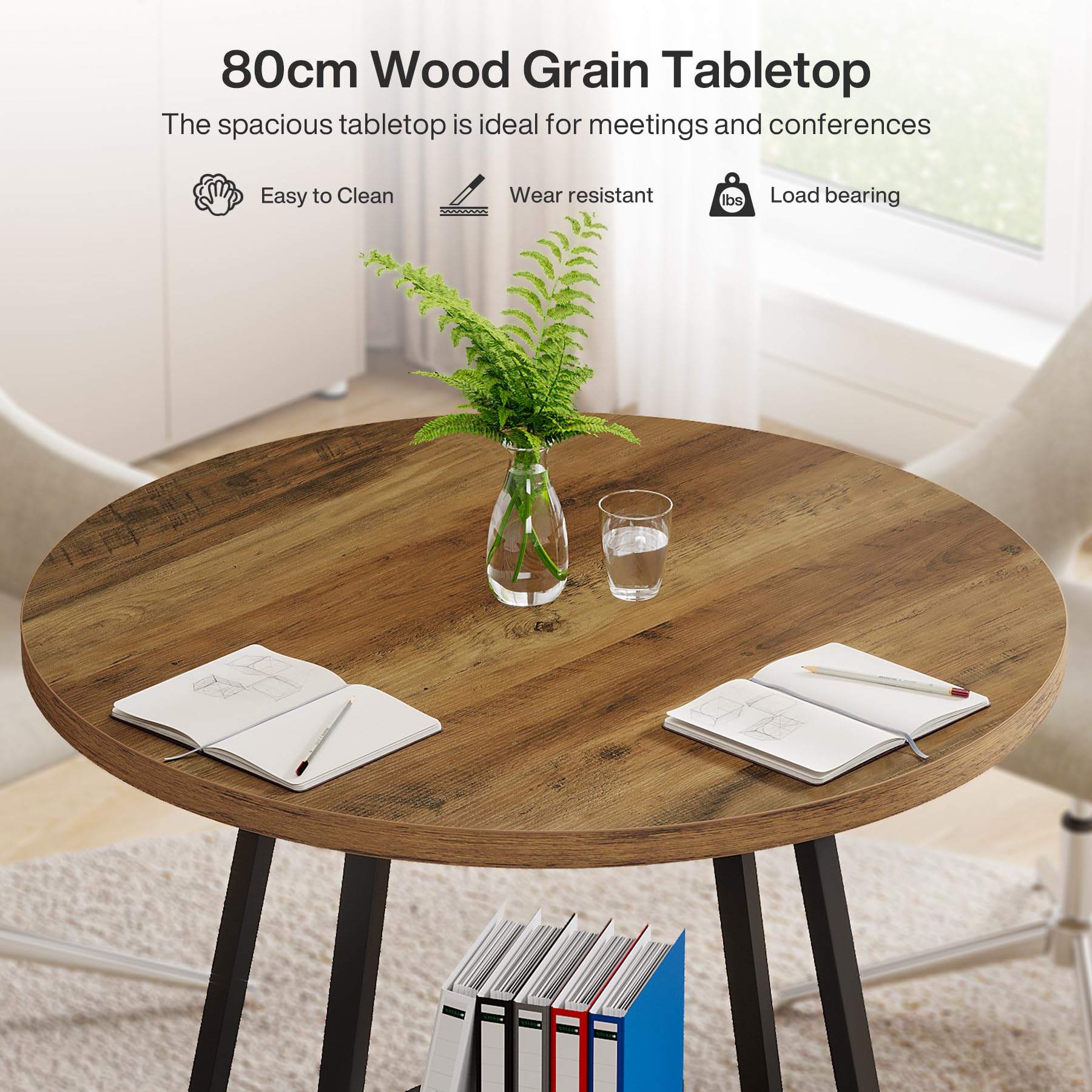 Tribesigns Runder Besprechungstisch 80×80×75 cm, Kleiner Konferenztisch für 2-4 Personen, Kompakter Holztisch für Büro und Arbeitszimmer, Braun