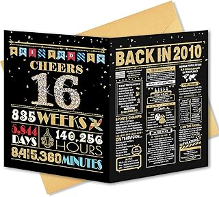 16th Birthday Card, 16th Birthday Decorations for Girls Boys, Funny Gifts for Son Daughter, Back in 2010, Black Gold Card