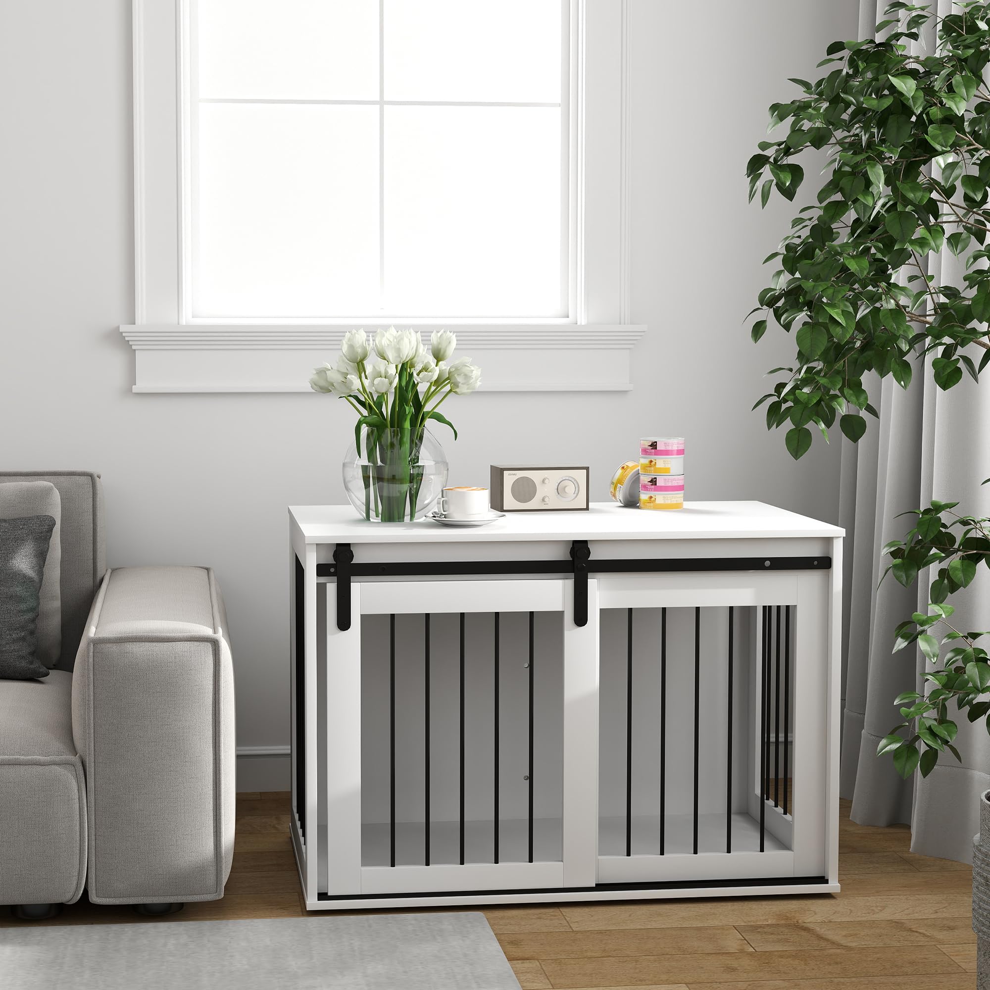 PawHut Hundekäfig Abschließbar XXL 98 cm für Große Hunde Weiß | Hundebox Schiebetüren, Moderne Metall Indoor Hundehütte, 98 x 58 x 61 cm