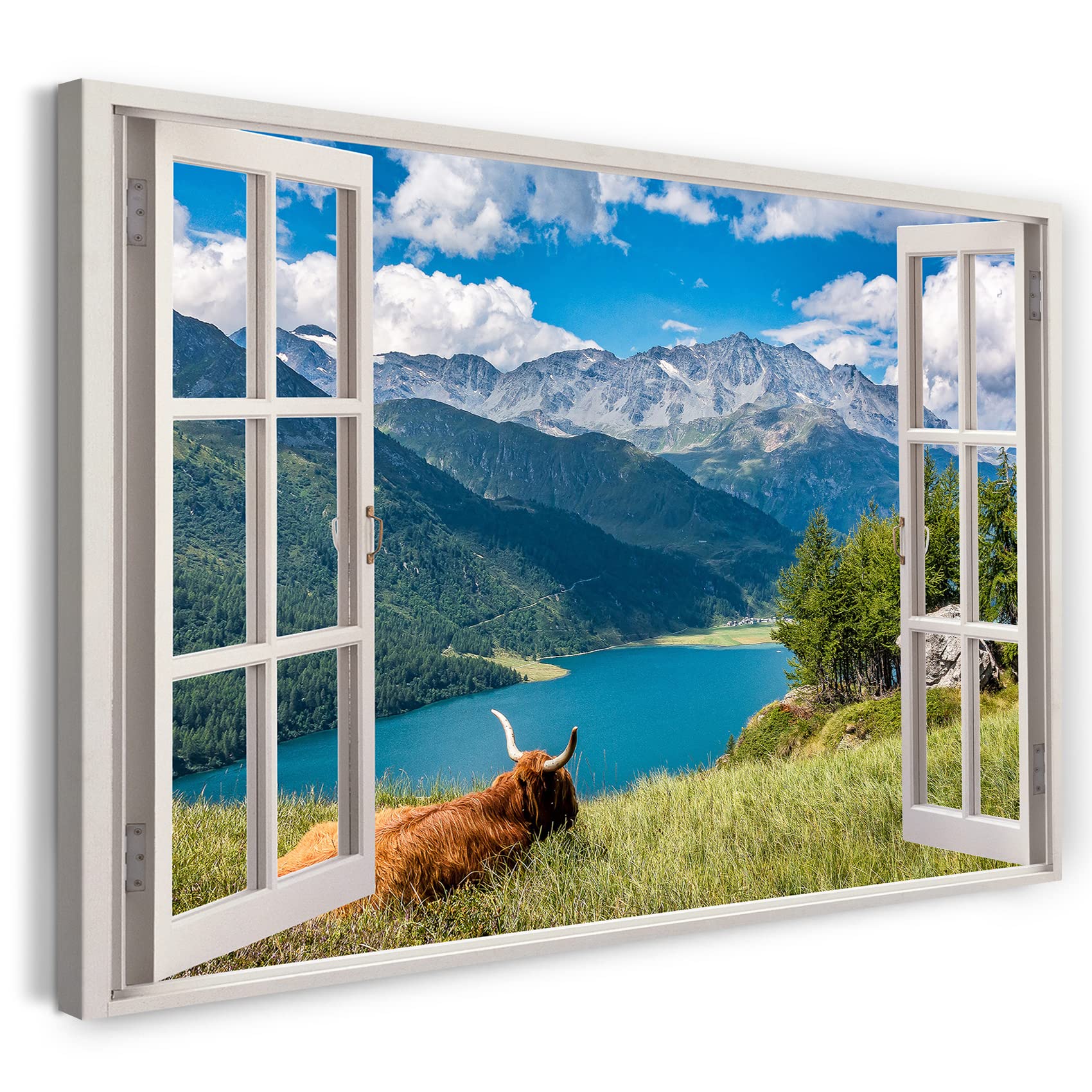 Print on Canvas (120x80 cm) view from the window - ox mountains view of nature meadow - nature photography, real wood frame with hook