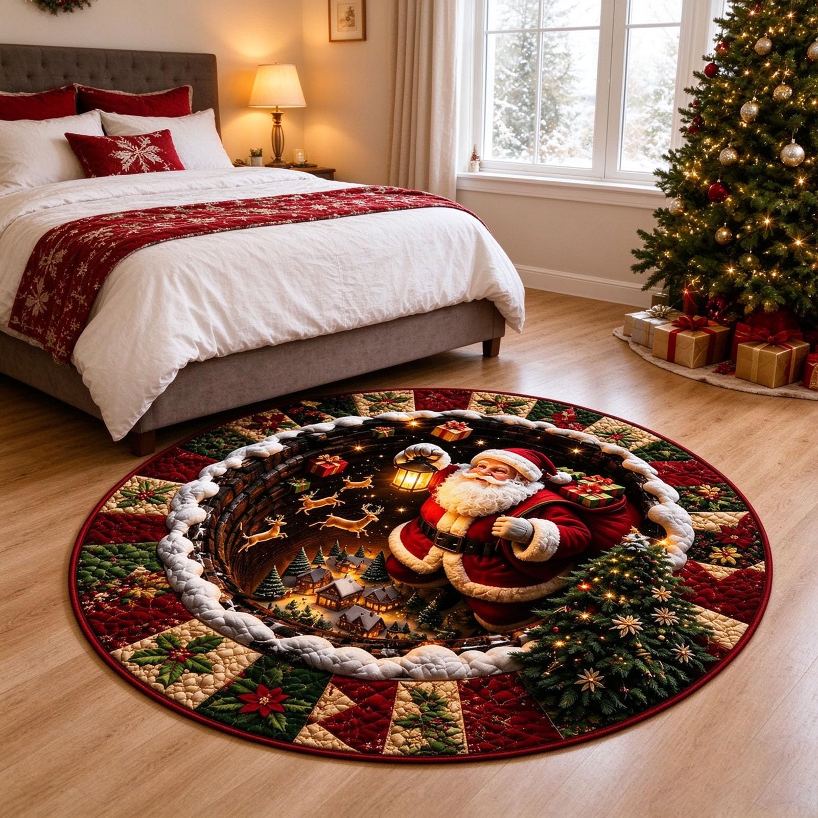 Tapis Illusion D'optique 3D, Tapis Rond avec Motif père noël,1,160cm