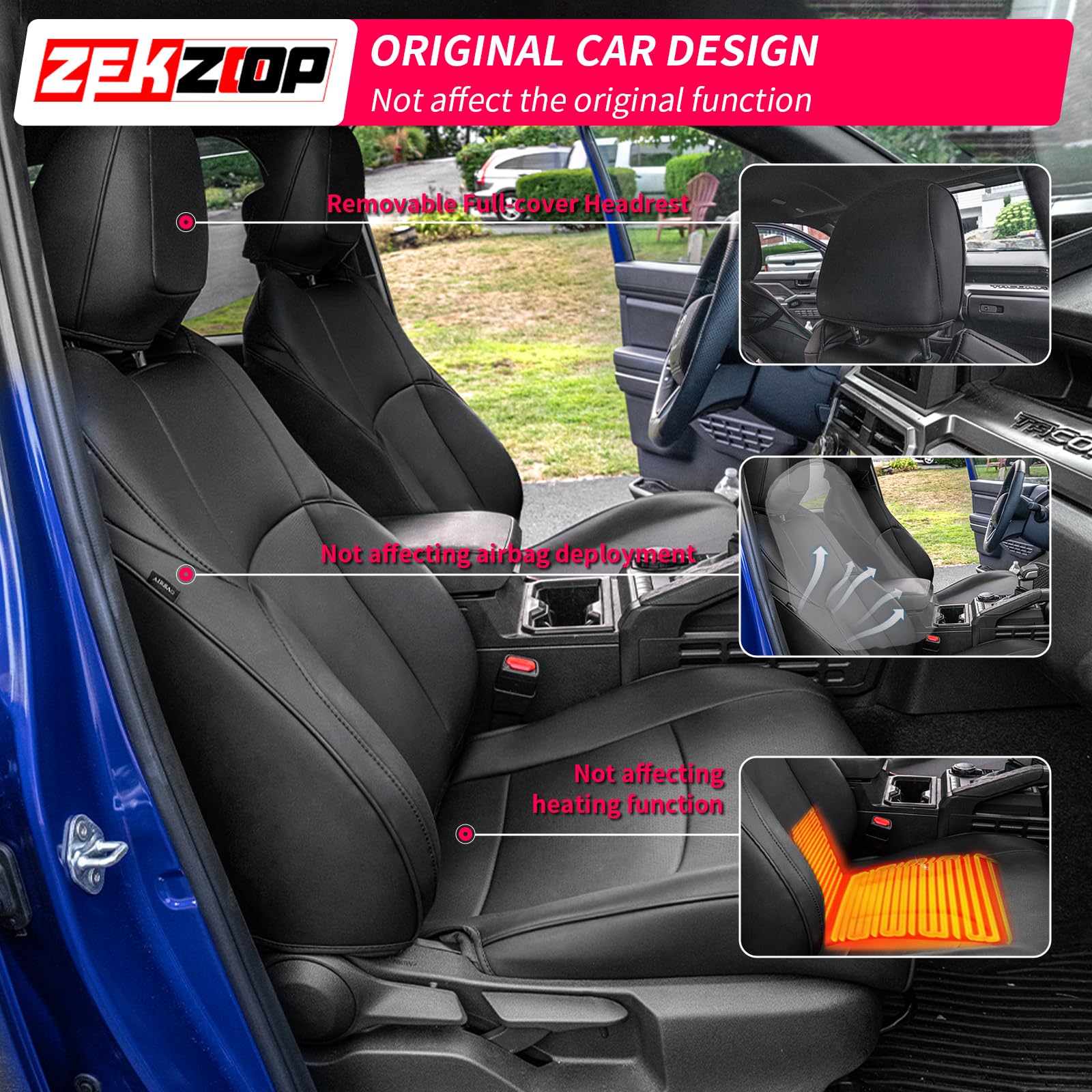 Zekzoop Seat Cover Compatible with 2024 2025 Toyota Tacoma Seat Protector Full Set PU Leather Black Headrest Cover All Weather 5 Seats Double Cab 2024 Tacoma Accessories (PU Leather 13PCS)