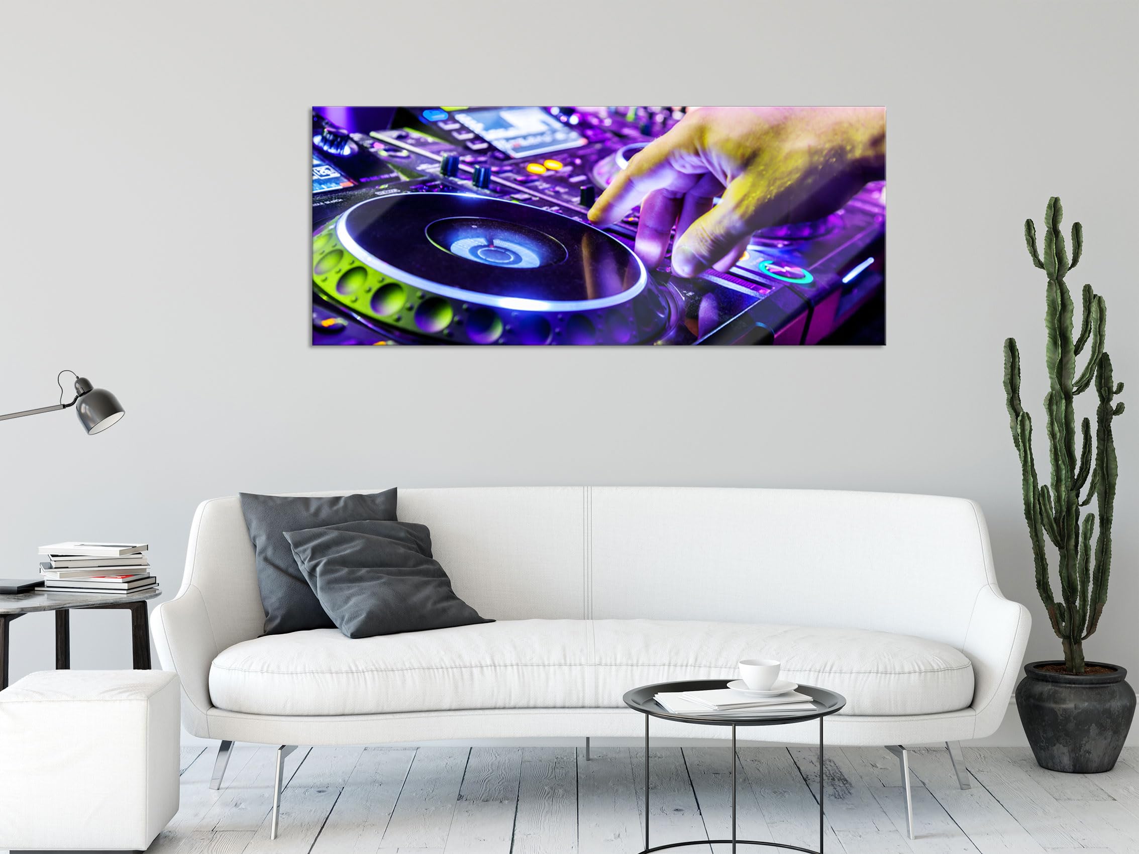 Quadro in vetro panorama | Murale in vero vetro | Piatto DJ Cool Music | 100 x 40 cm | incl. sospensione e distanziatore