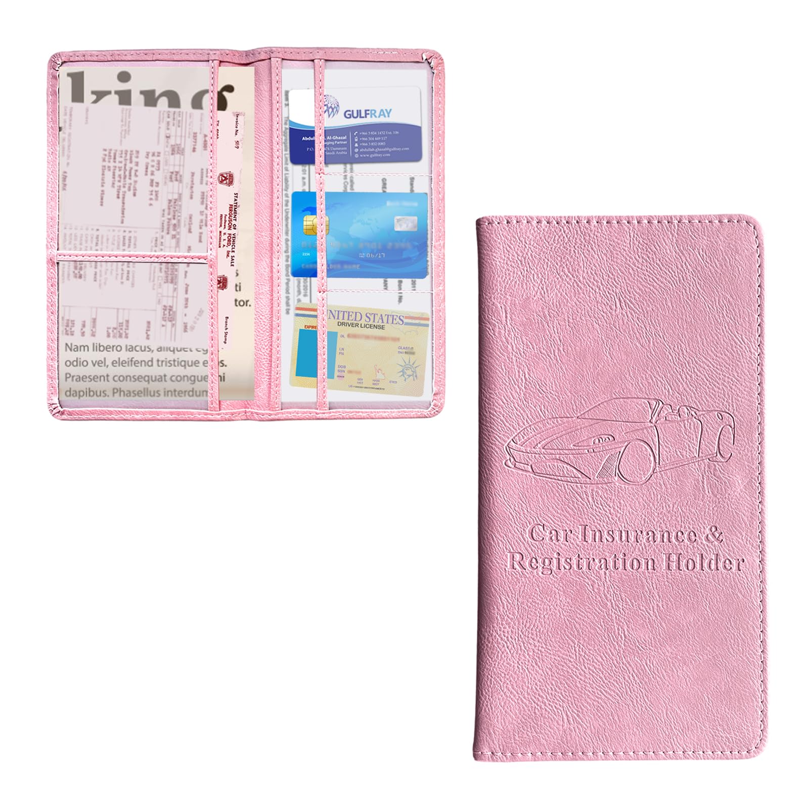 Ziciner Car Registration and Insurance Holder, Auto Card Document Glove Box Organizer with Magnetic Closure, Universal Vehicle Interior Accessories for Cars SUVs (Pink-Large)