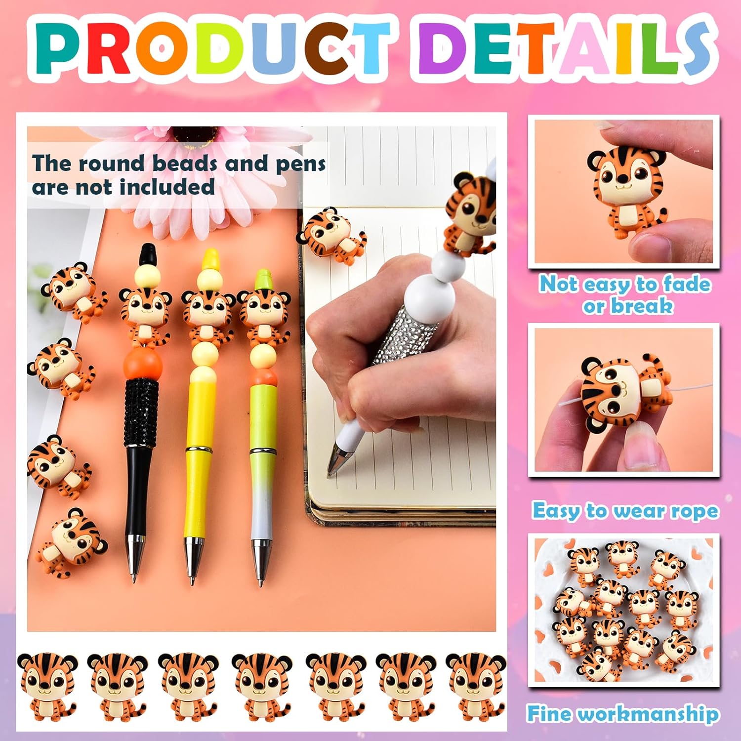 12 PCS 3D Tiger Silicone Focal Beads for Pens,Animal Focal Beads Bulk for Keychain Bracelet Necklace Making,Handmade Crafts Supplies - Image 4