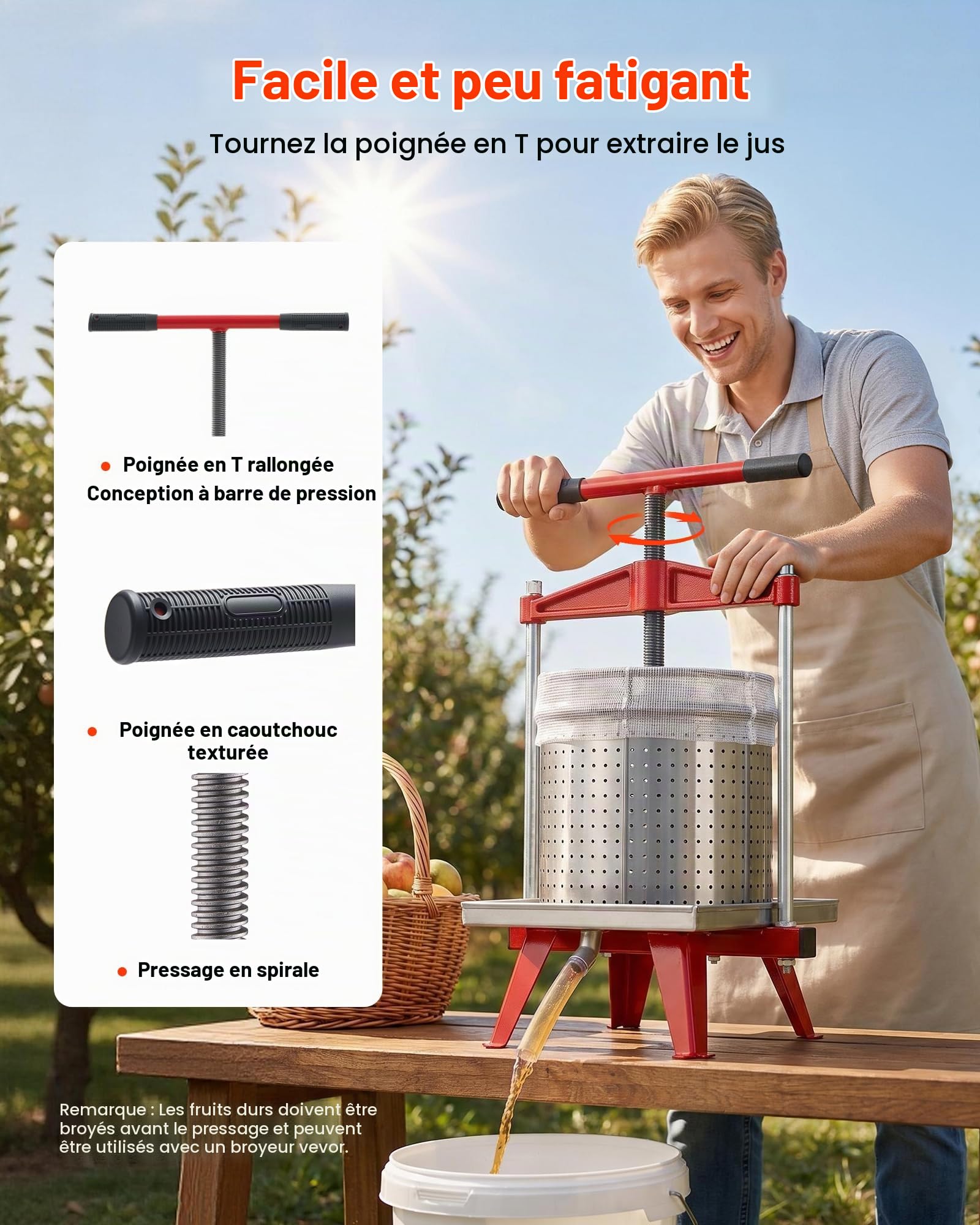 VEVOR Pressoir à Fruits Manuel 15 L, Presse à Vin en Acier Inoxydable, pour Fabrication de Cidre Jus Raisin Pomme Légumes Ferme Cuisine, Presse Fruits avec Poignée en T, Traverse et Sacs Filtrants