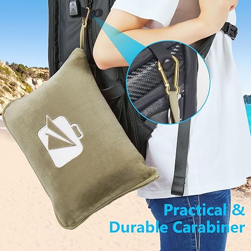 Miniatura 5 de Manta de viaje prémium para avión, almohada suave 2 en 1 con bolsa compacta, cinturón de equipaje de mano y clip para mochila, artículos esenciales