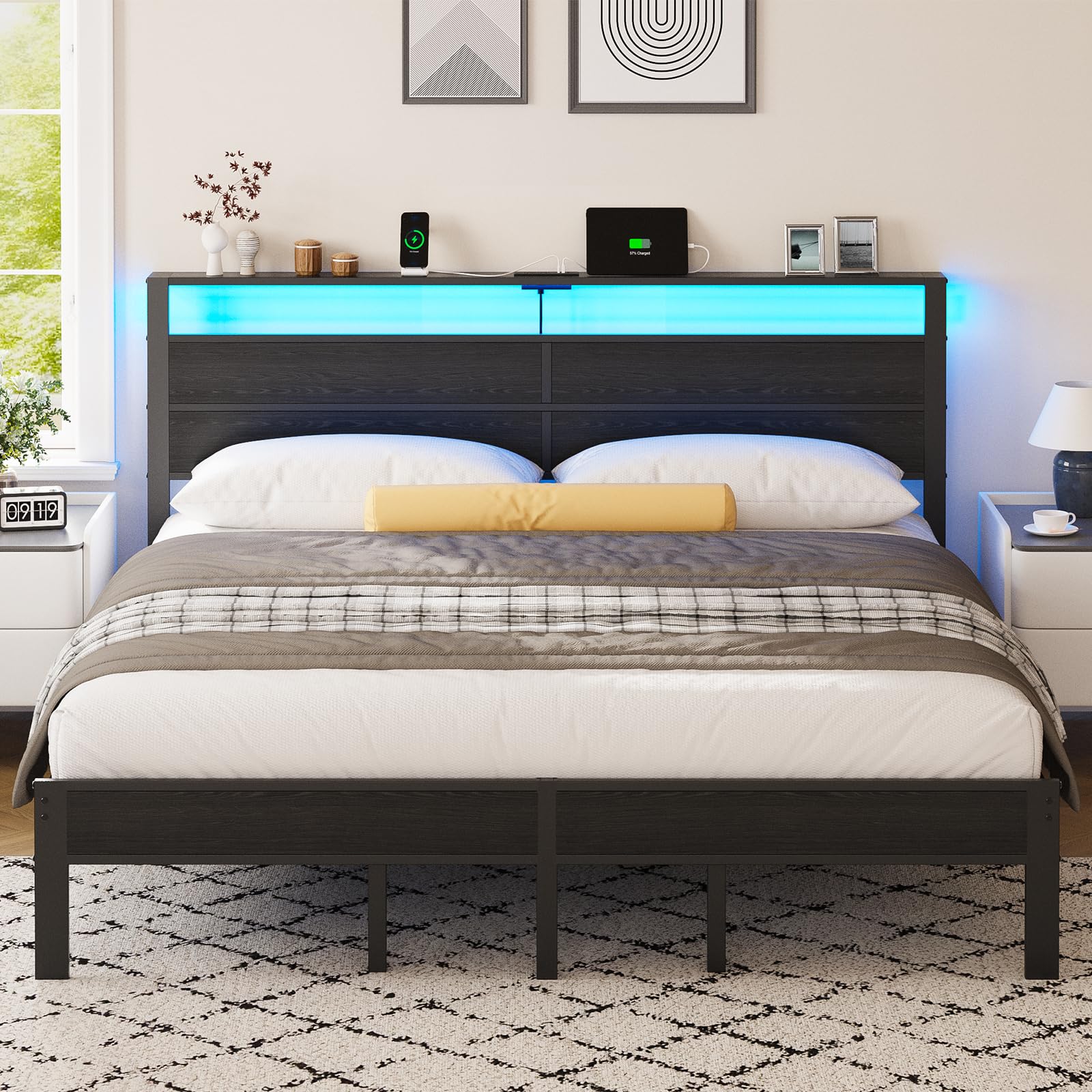 Black King Size Bed Frame with LED Lights and Charging Station King Size Platform Bed with Metal Slats