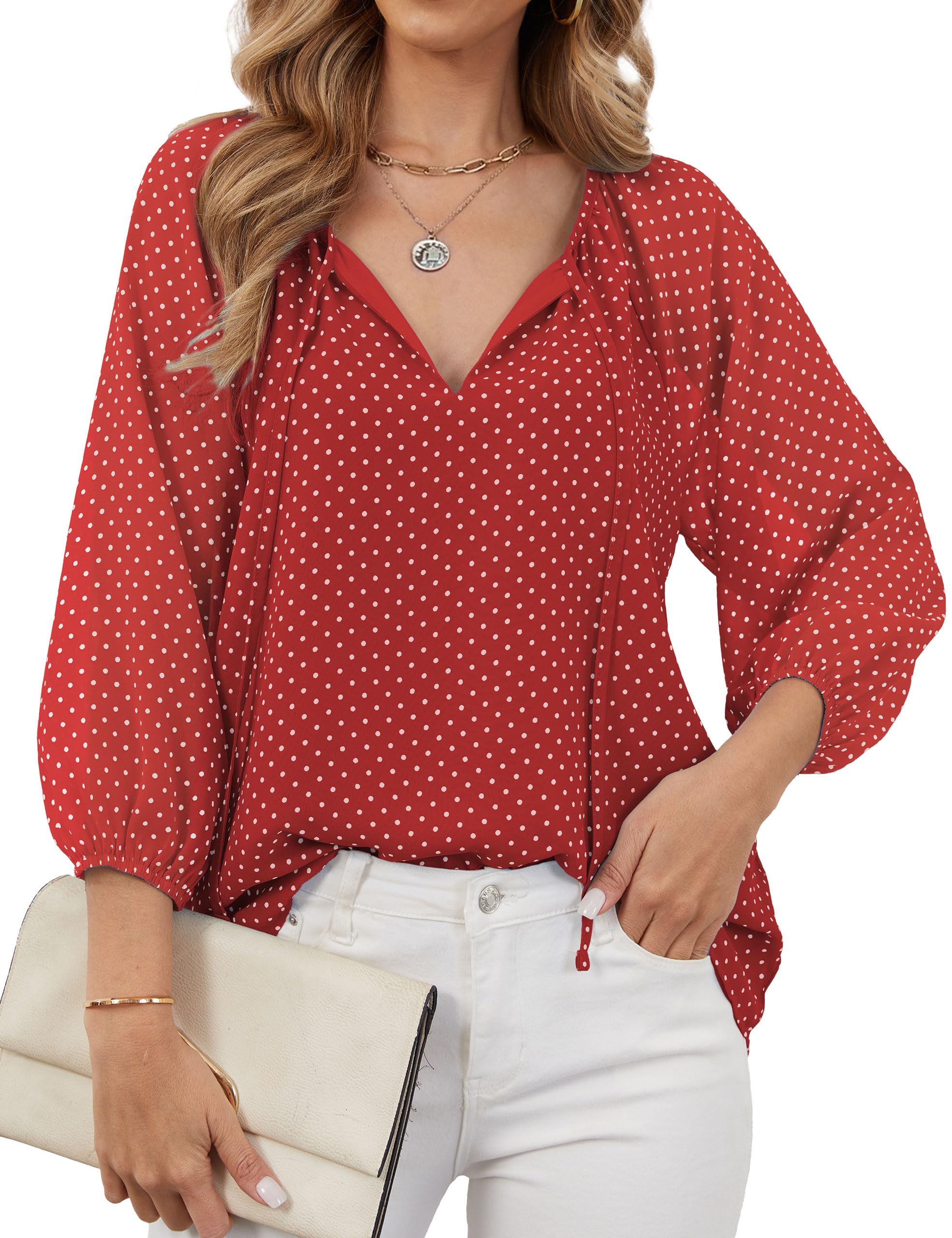 Womens Tops Dressy Casual Business Work Blouses for Women 3 4 Length Sleeve Chiffon Office Tunic Shirts