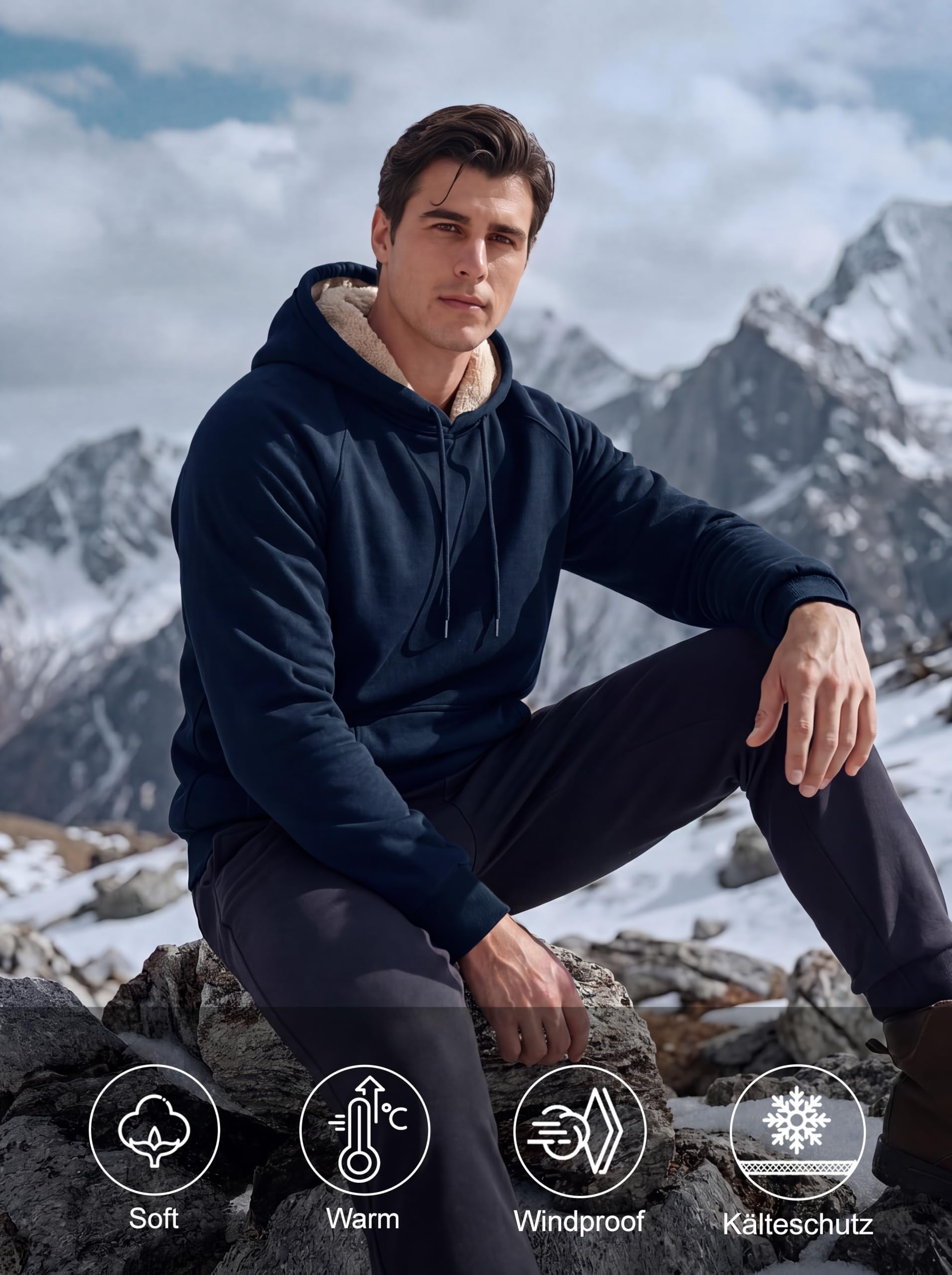 MAGCOMSEN Hoodie Herren Fleecepullover Warm Kapuzenpullover Männer Pullover | Baumwolle Fleece Hoodie,Winter Warm Pullover,Langarm Sweatshirt Herren,Gefüttert Hoody,Fleecepullover mit Bauchtasche