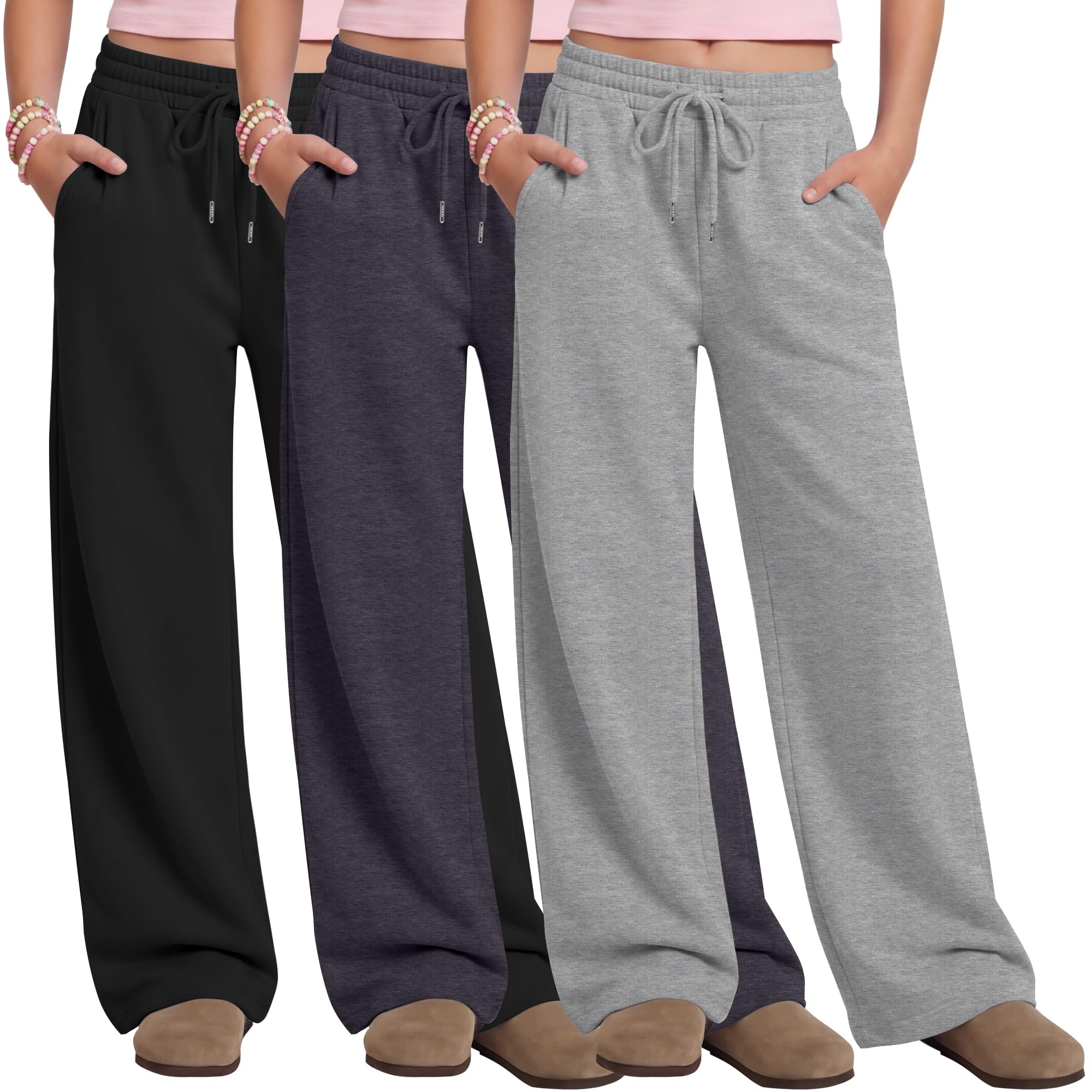 3 Pack Girls Wide Leg Sweatpants Drawstring Baggy Pants Teen Casual Loose Athletic Joggers with Pockets 5-14 Years