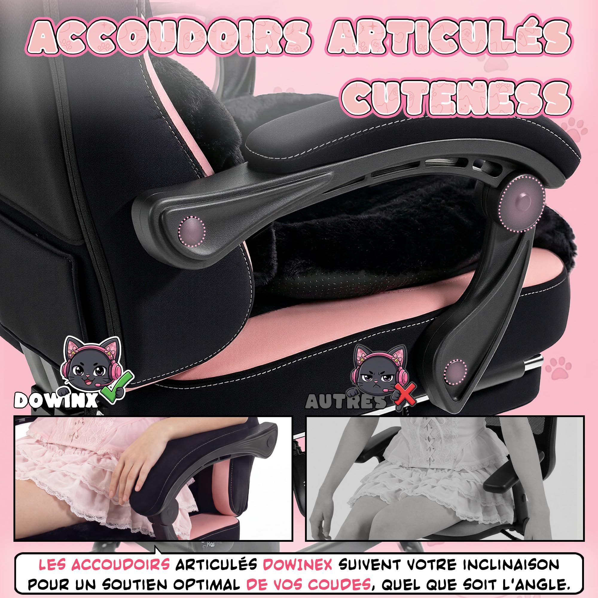 Dowinx Silla Gaming Ergonómica con Reposapiés, Silla Gamer de Terciopelo con Cojín Lumbar y Orejas de Gato, Silla de Oficina para PC y Escritorio, para Mujeres, Adultos y Adolescentes,Negro y Rosa