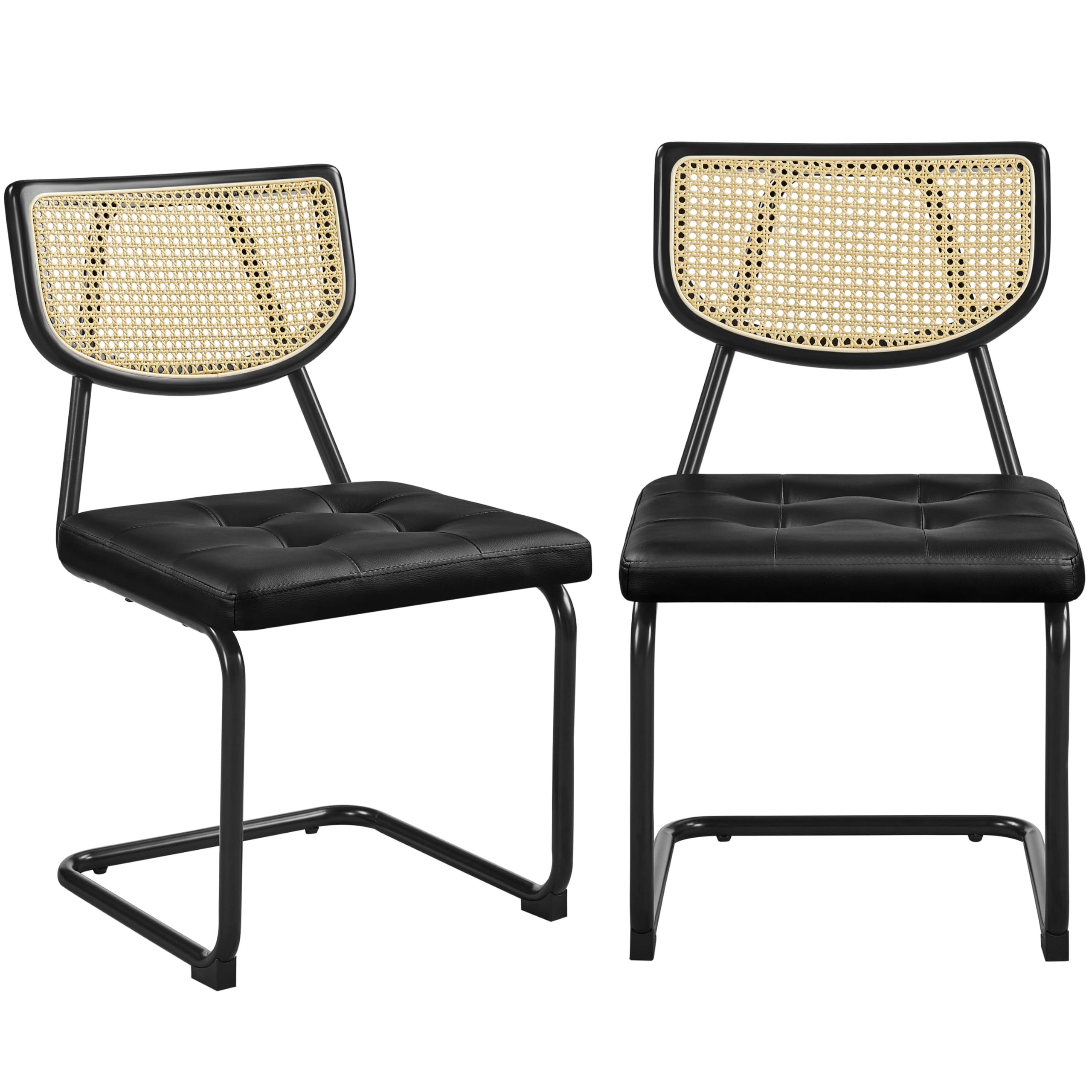 Yaheetech Rattan Dining Chairs Set of 2 Mid Century Modern Dining Room Chairs with Chrome Legs and Rattan Back for Home Kitchen, Faux Leather, Black