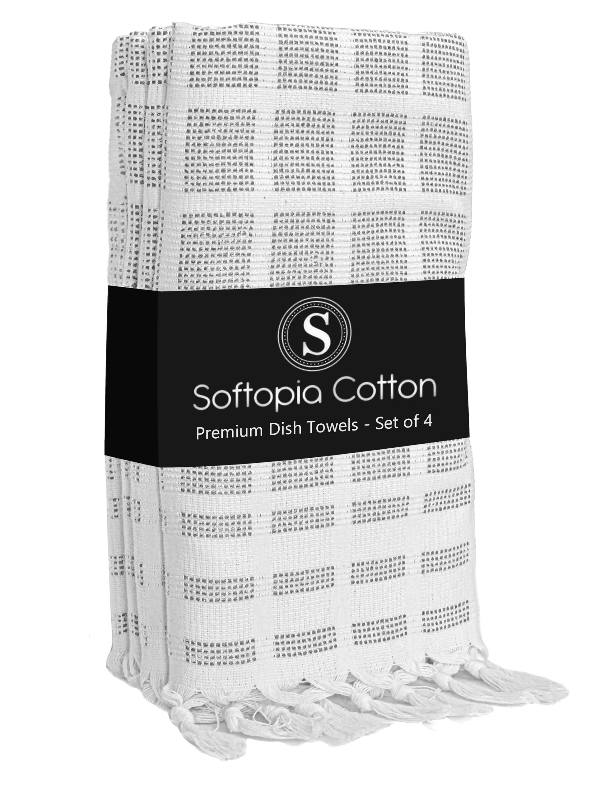 Matrix Dobby Kitchen Dish Towels Set of 4, 100% Cotton, 16x26 Inches, Reusable Dishcloths with Handmade Knotted Tassels, Absorbent, Washable Towels for Cleaning - Dark Gray, White