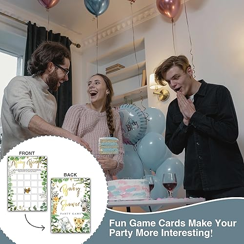 Vista 4 de ONDTOM Woodland Shower Juego de bingo, paquete de 25 tarjetas de actividades para fiesta de revelación de género de safari en la selva, suministros