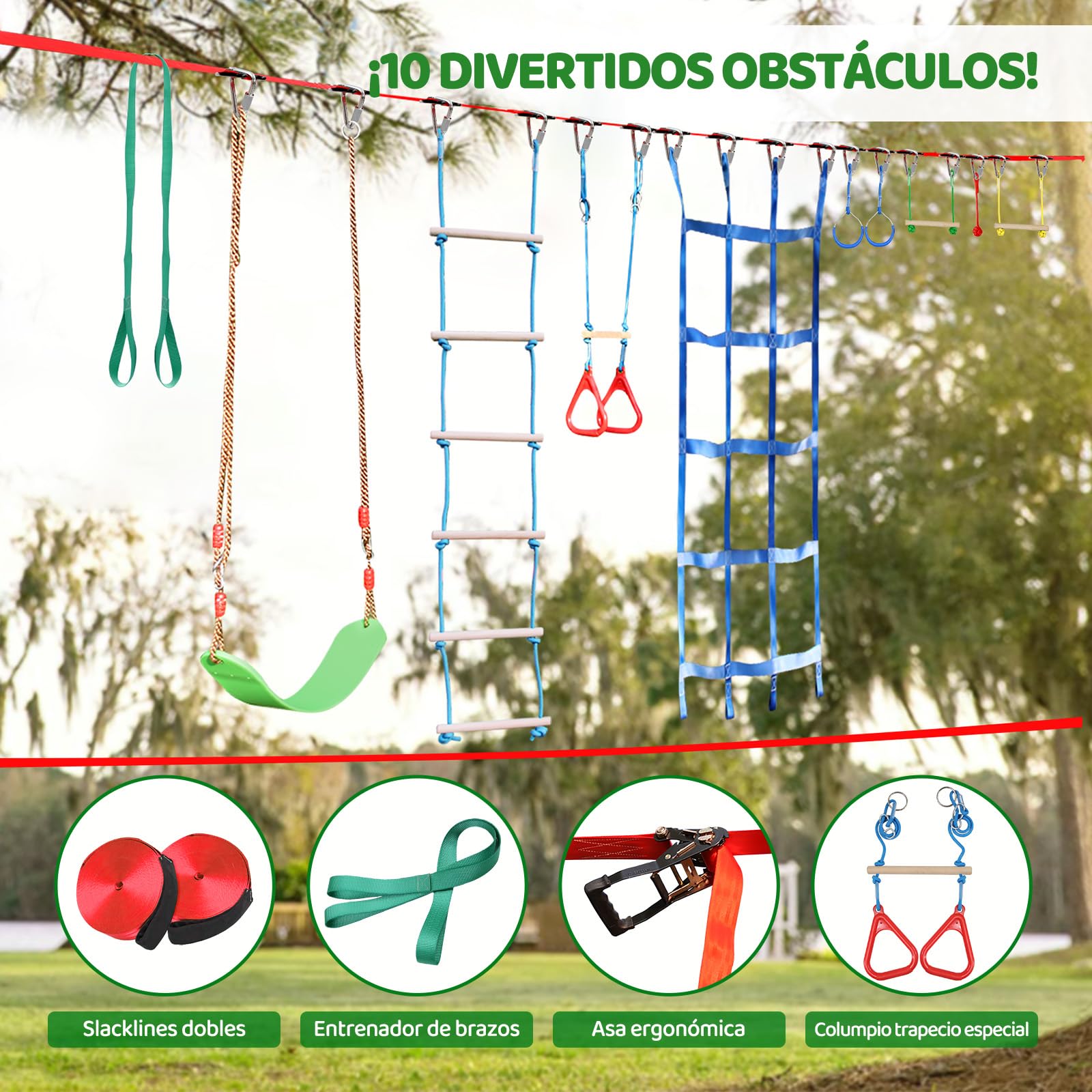 Dripex Ninja Slackline Kit de 2 x 20 m/65 Pies, Ninja Warrior para Niños Carrera de obstáculos, Entrenamiento de Slackline con Accesorios Completos para niños