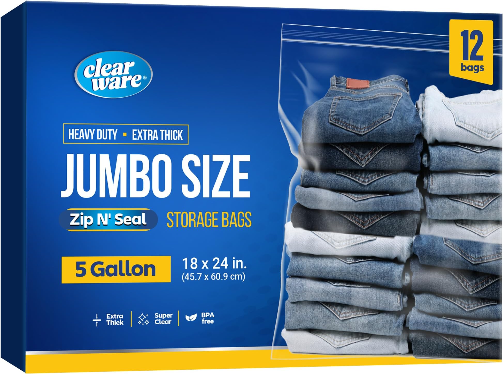 Clearware 12 Resealable Plastic Bags - 5 Gallon 18" x 24" Large Size Bags, BPA-Free Clear Plastic Bags for Freezer, Storage, Travel, Moving, Clothes, Large Resealable Plastics, 2-mil Thick Space Saver Bags