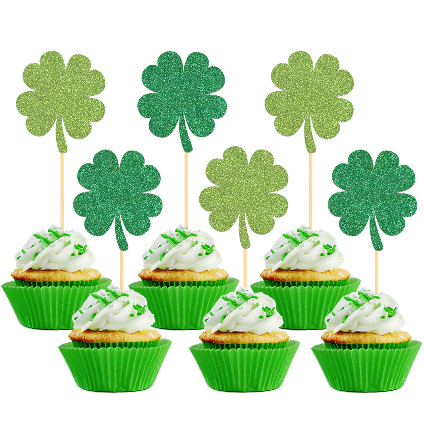 24 PCS Glitter Lucky Four Leaf Clover Cupcake Toppers, St.Patrick's Day Shamrock Cake Toppers for for St Patrick's Day Party Decorations (Trefoil B)