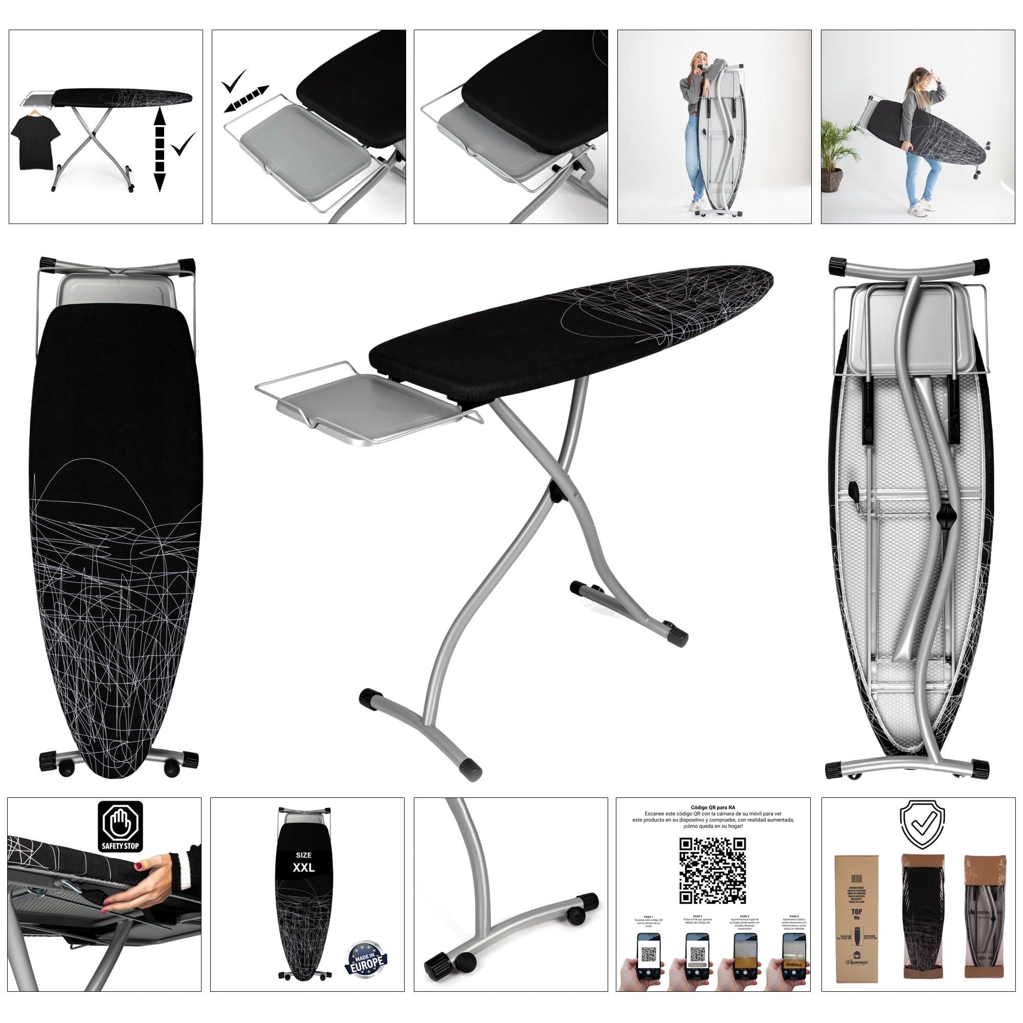 Tabla de Planchar Grande y Profesional | 130x47 cm | Plegable y Robusta | Altura Ajustable con Ruedas | Superficie XXL Ancha | Estable | ideal Centros de Planchado | Fabricada en Europa