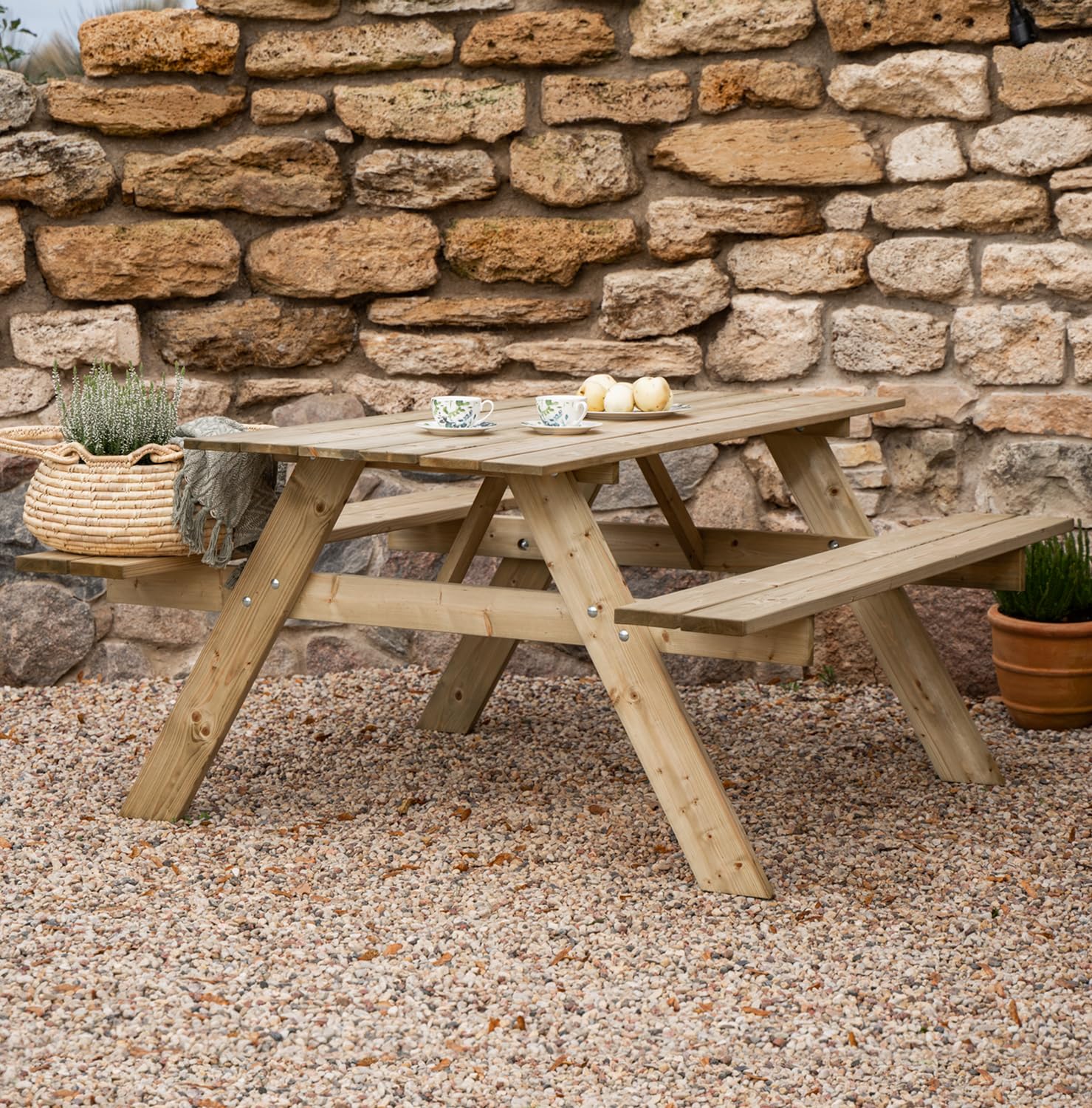 The Homeweeks Mesa Picnic jardín Madera tratada en Autoclave | Strong 165 | con 2 Bancos 164x150x75 cm | 6/8 Adultos | Espesor 20/28 mm | normativas EN581 | FSC