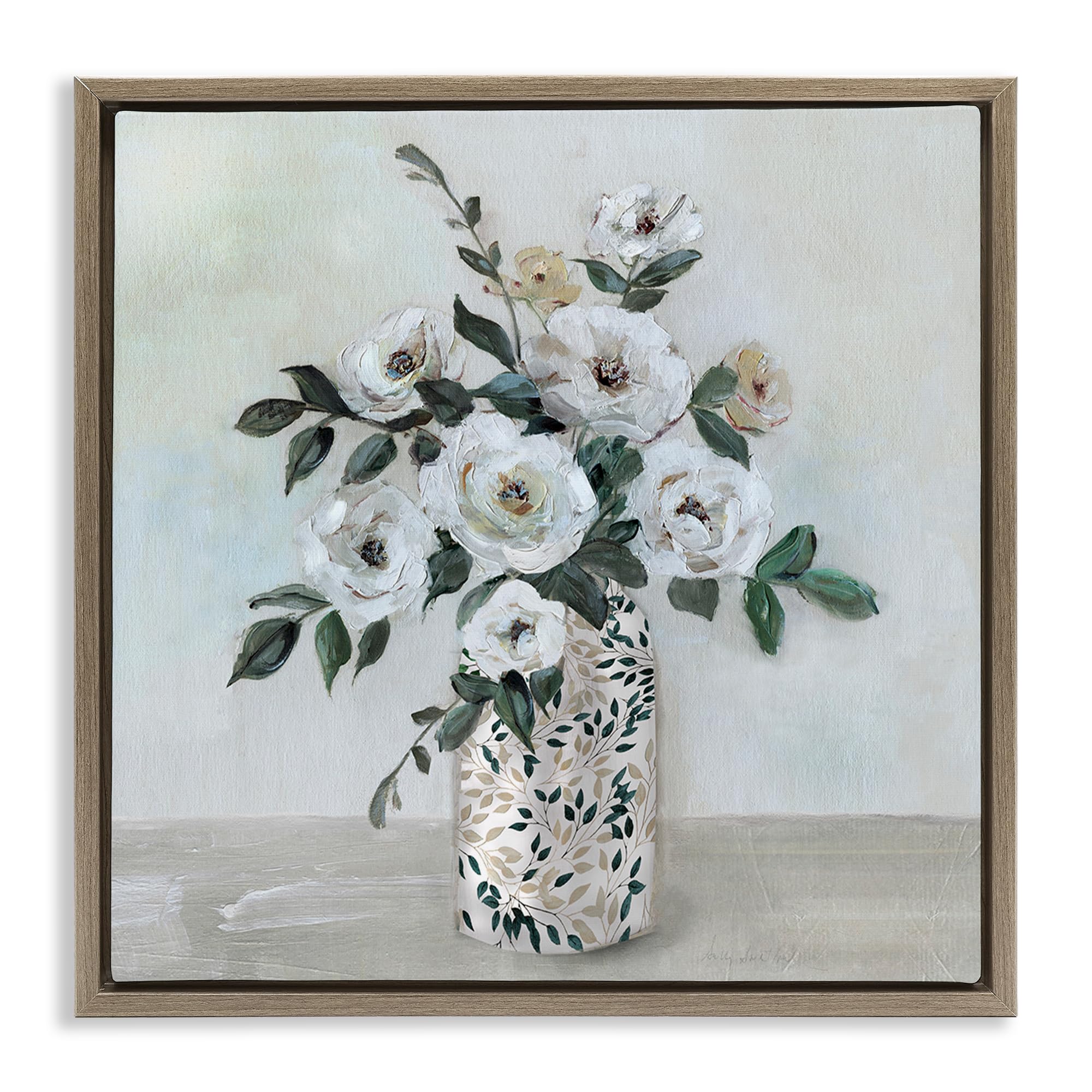 Stupell Industries 'Leaf Patterned Flower Vase', Floating Frame Canvas Art, Brown, 25 x 25 Inches, Easy to Hang and Sturdy, Made in USA, by Sally Swatland