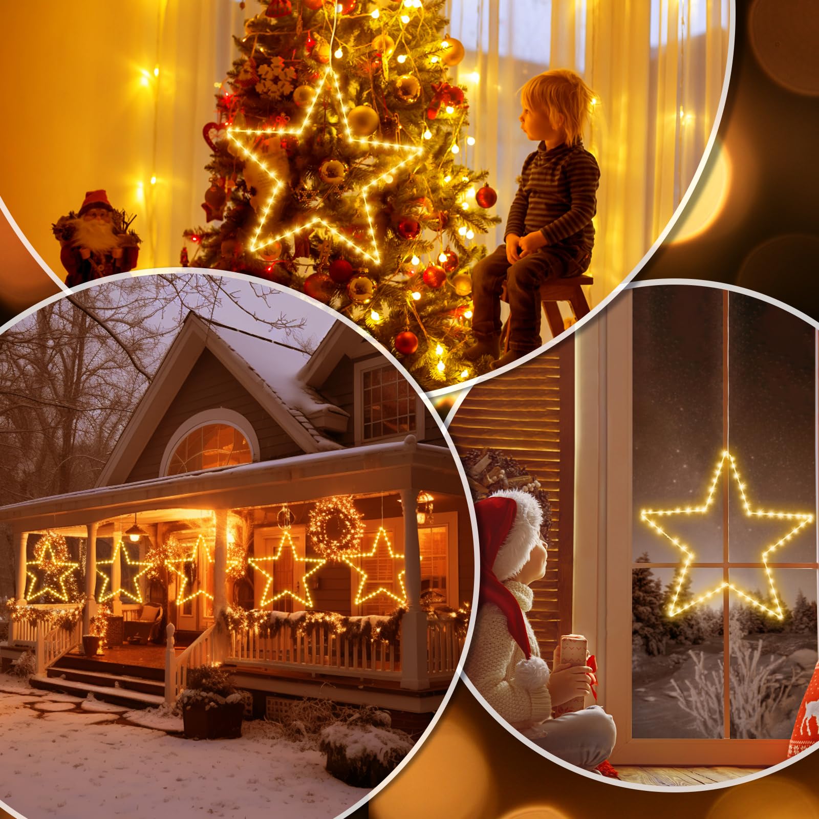 Weihnachtsdeko mit 2 große 50CM Metall Sterne, 140 LED Weihnachtsstern Beleuchtung Innen Batterie Warmweiß faltbar 8 Modi Wasserdicht Weihnachtsbeleuchtung Außen mit Timer