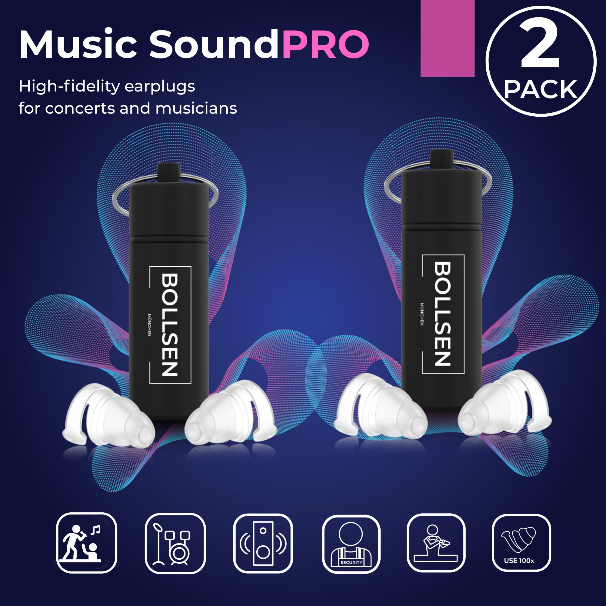 BOLLSEN MusicSoundPro Tappi Auricolari Concerti Festival Feste | Riduzione Rumore 24 dB SNR, Silicone Riutilizzabile | Protezione Uditiva Discreta per Musicisti DJ Appassionati (2 Pack)