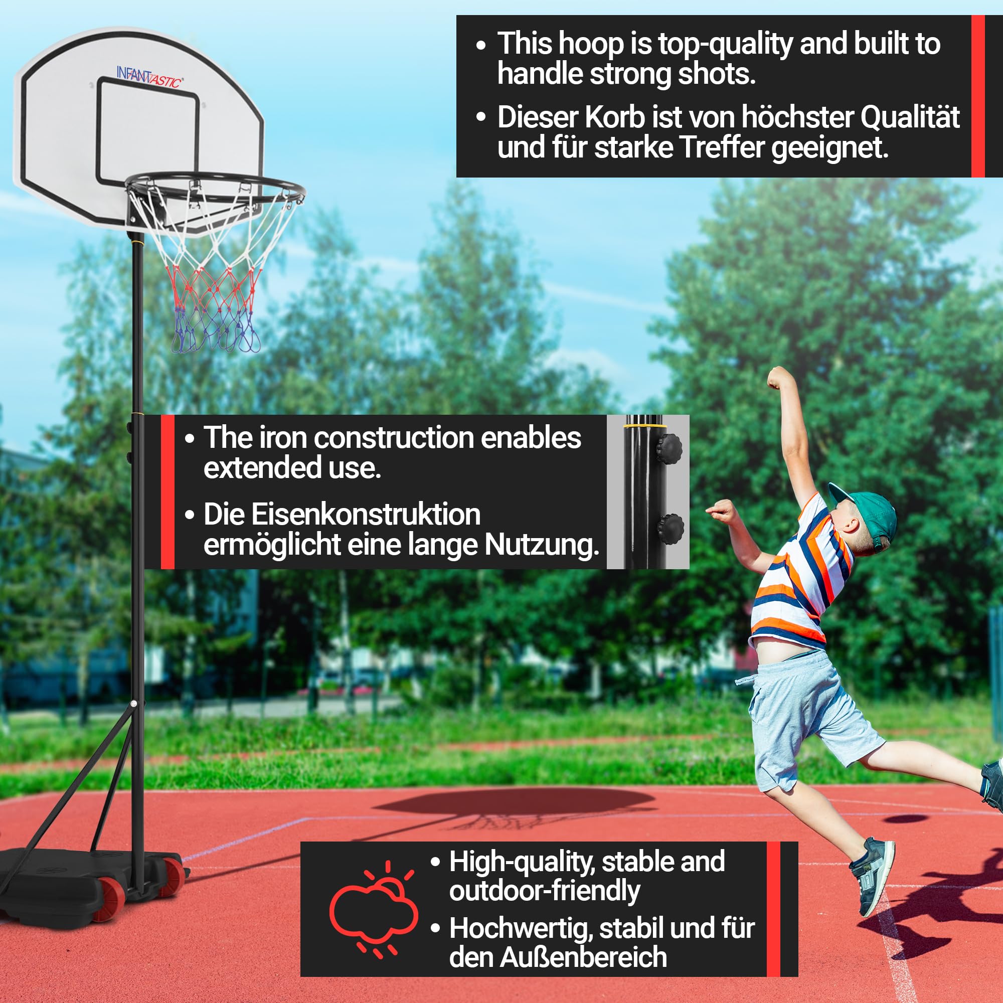 Infantastic® Panier de Basket - Extérieur/Intérieur, Hauteur Réglable 148-200 cm, Portable, avec Ballon et Pompe à l'Air, Rouge ou Noir - Panneau de Basket sur Pied, pour Enfant