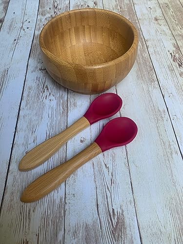 Miniatura 7 de Babynow - Cucharas de bambú para bebés y niños pequeños de 6 meses en diseños de bambú y punta suave, color burdeos, paquete de 2