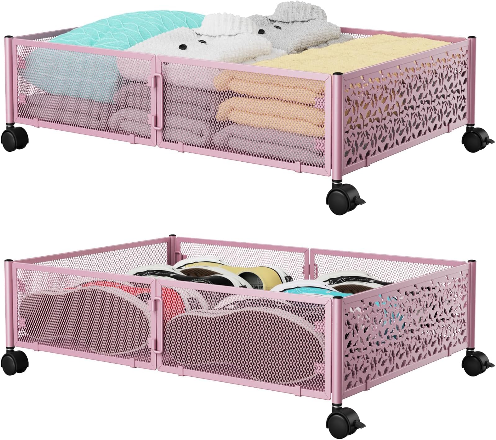 PHINOX Under the Bed Storage Containers with Wheels, Under Bed Storage, Under Bed Shoe Storage Organizer Drawer, Tool-free Assembly Metal Underbed Storage Containers -Pink