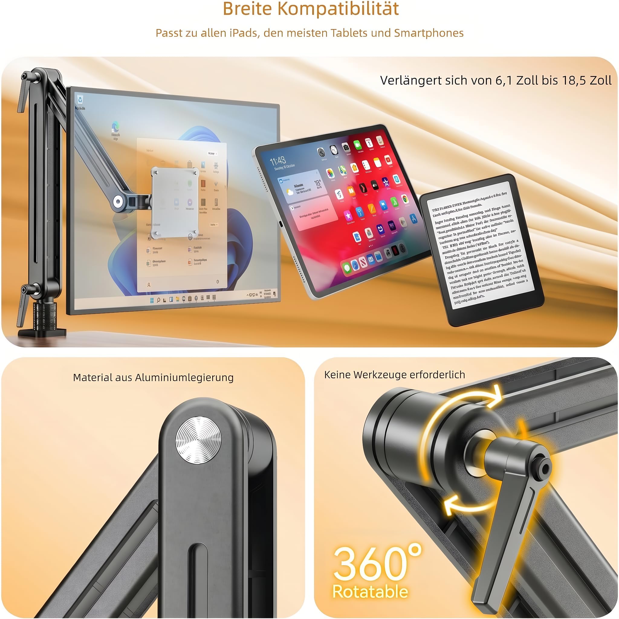 Tablet iPad Halterung Schreibtisch Magnetischer - Drehbare Basis 360 Grad Tablethalte VESA 75mm Schnellauslösung 4.7" 12.9" 15.6" 16" 17.3" und 18.5" Tragbarer Monitor Armhalter