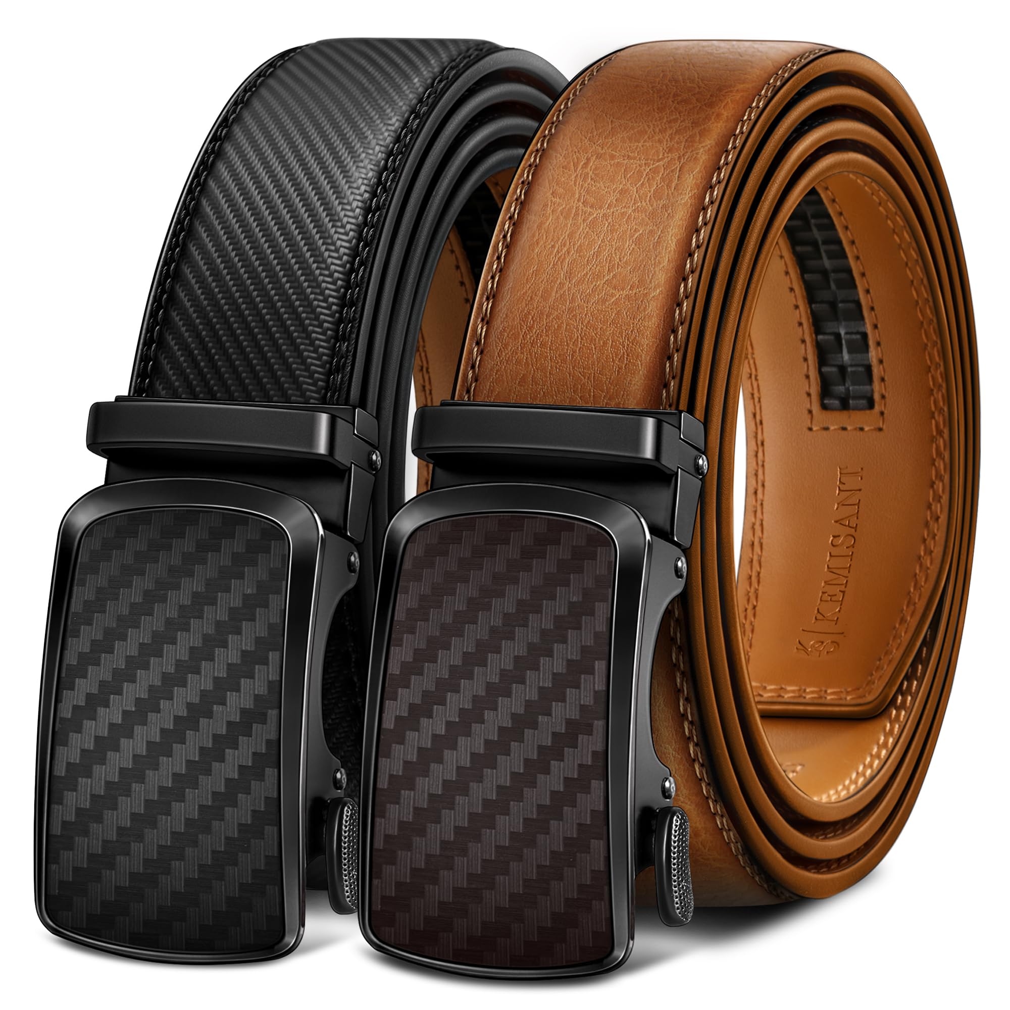 KEMISANT 2-Pack Men's Ratchet Leather Belt Trimmable 1 3/8"-Gift Boxed