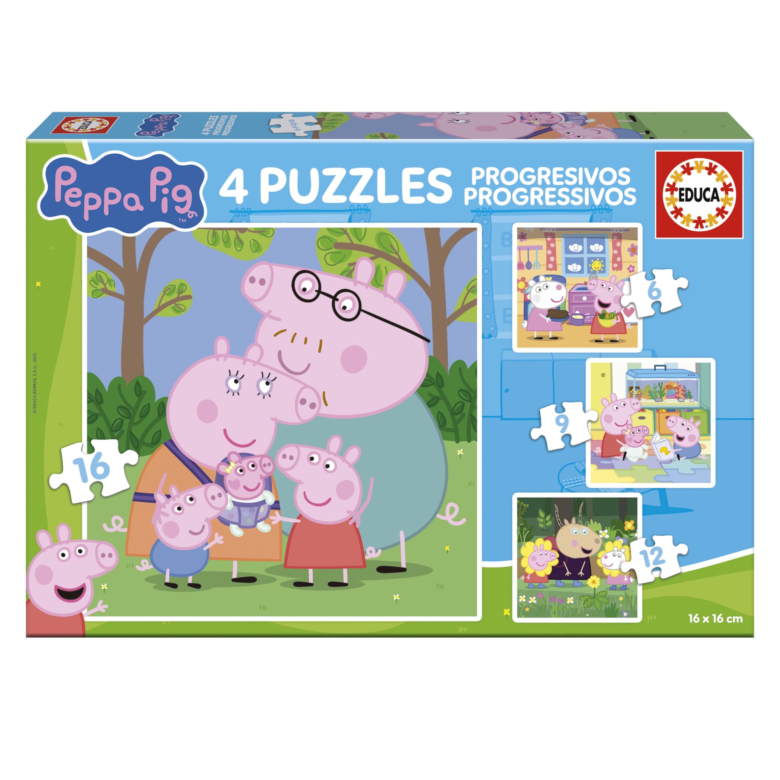 Educa - Peppa Pig | Set von 4 progressiven Puzzles für Kinder mit 6 bis 12 Teilen | Ungefähre Größe im zusammengesetzten Zustand: 16 x 16 cm | Empfohlen für Kinder ab 3 Jahren (20325)