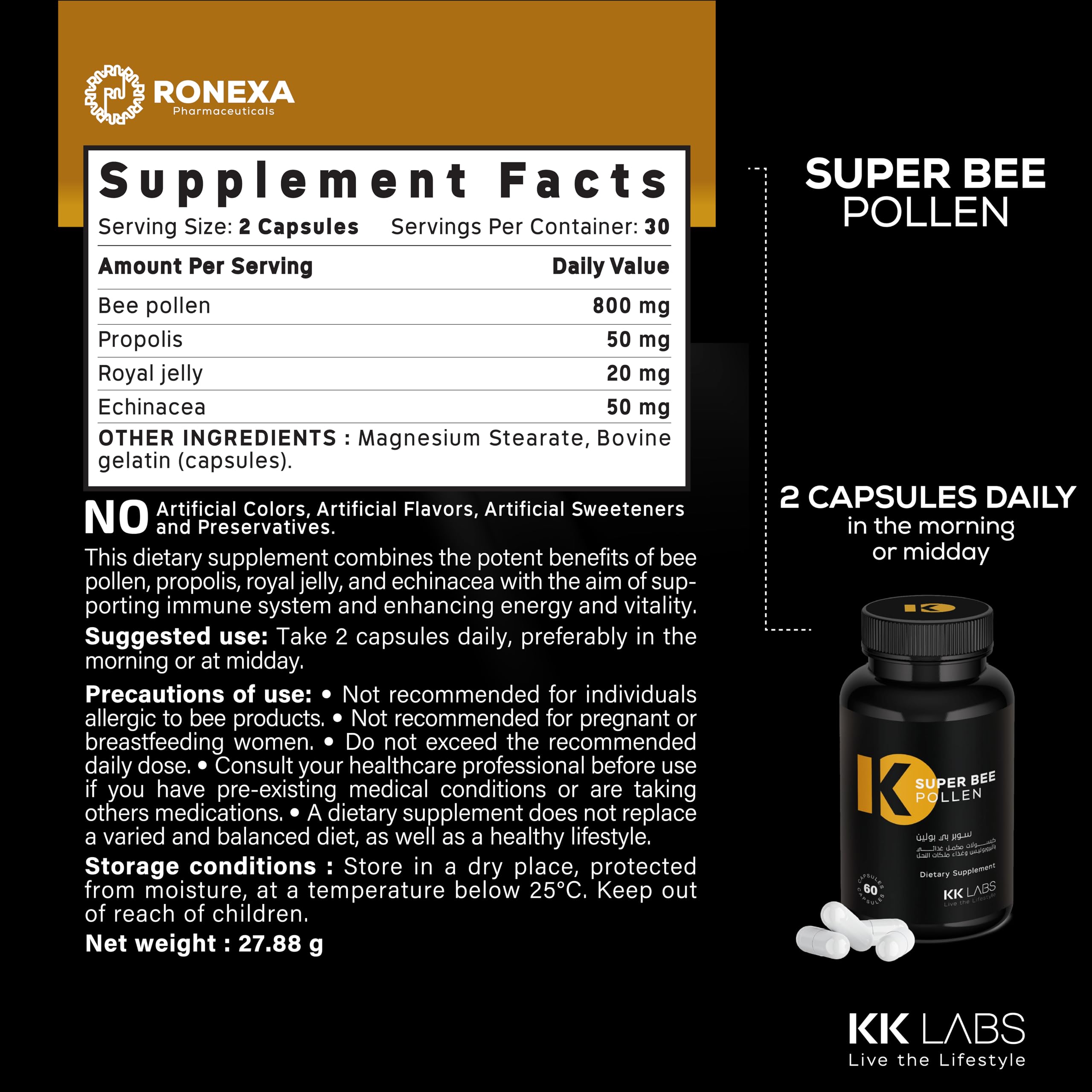 KK Labs Super Bee Pollen 60 Capsules - Natural Bee Pollen, Propolis, Royal Jelly & Echinacea Daily Wellness Supplement for Energy, Vitality & Everyday Support, 30-Day Supply, Men & Women