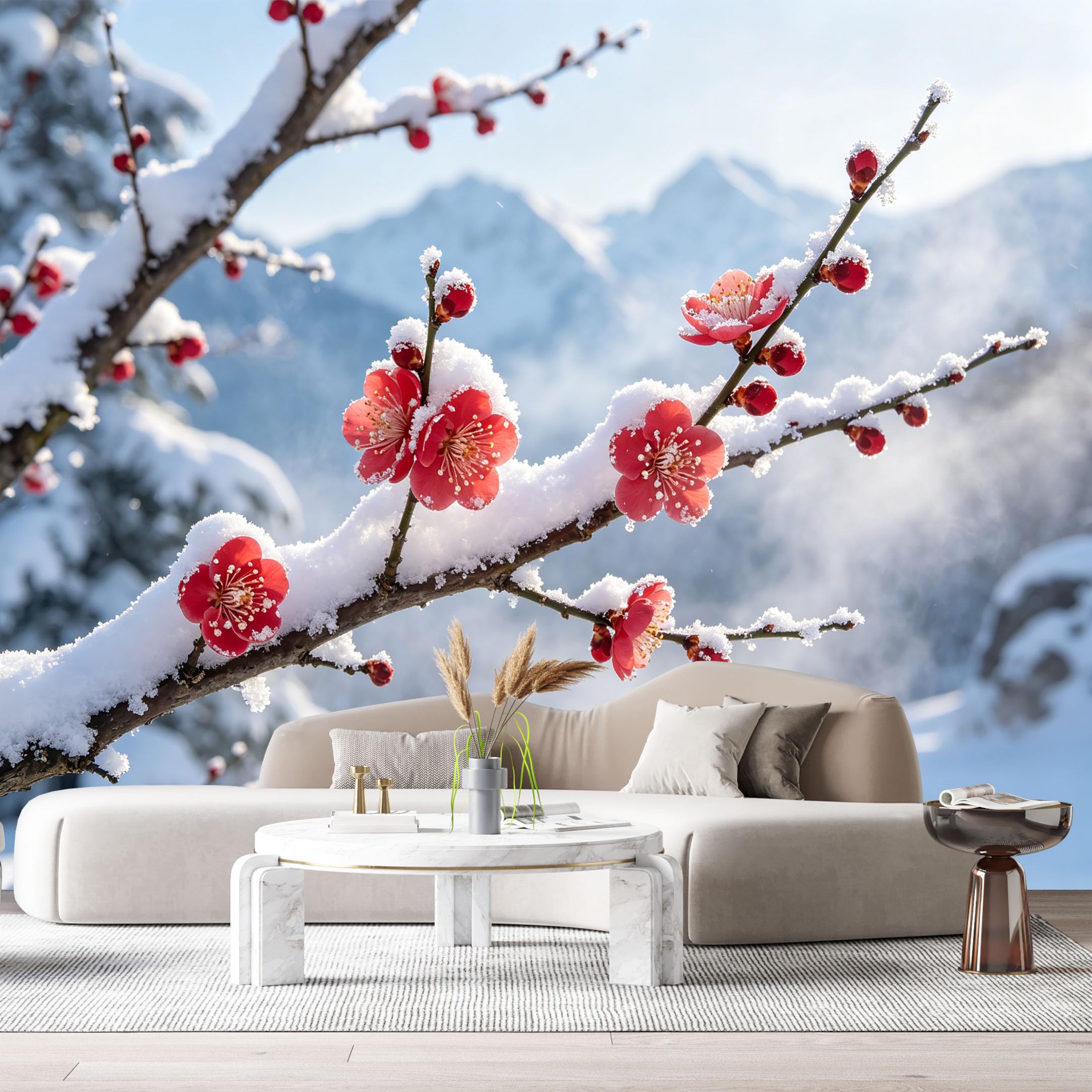 Custom Size Wall Murals Snowy Mountain Landscape Botanical Red Plum Blossom Branches SelfAdhesive Wall Fabric Removable Large Wallpaper for Photo Living Room